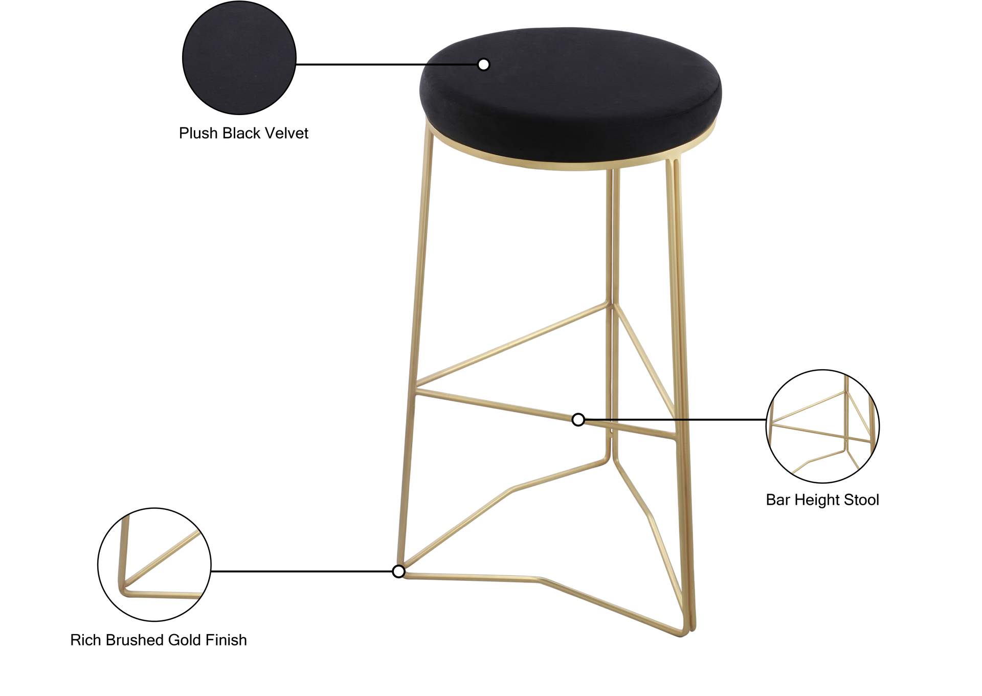 Tres Black Velvet Bar Stool,Meridian Furniture