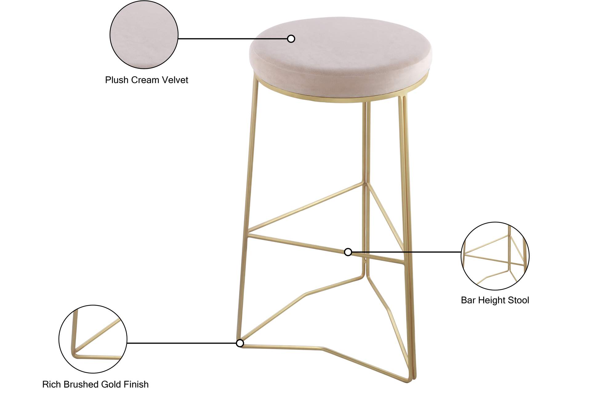 Tres Cream Velvet Bar Stool,Meridian Furniture