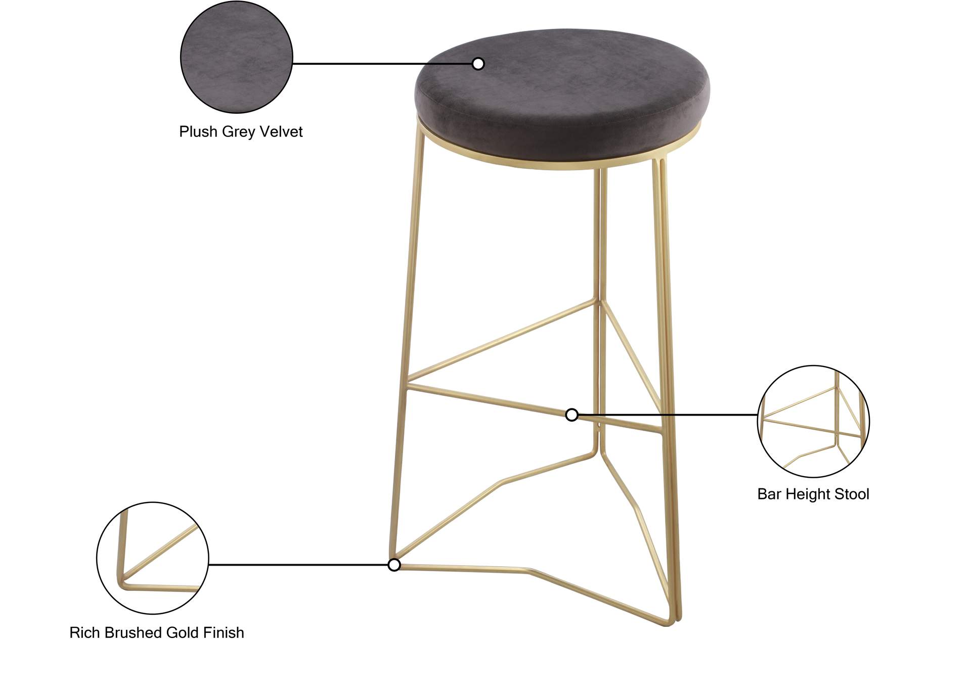 Tres Grey Velvet Bar Stool,Meridian Furniture