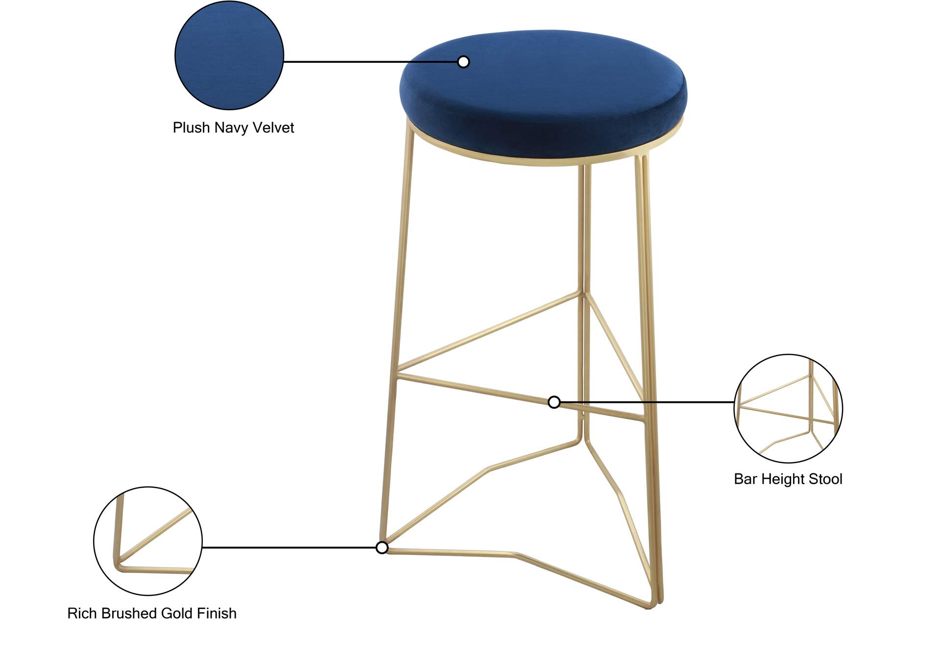 Tres Navy Velvet Bar Stool,Meridian Furniture