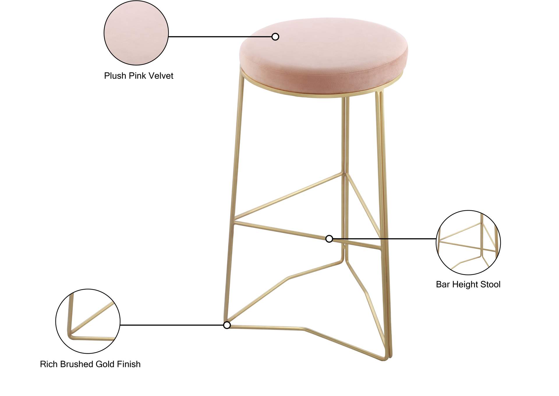 Tres Pink Velvet Bar Stool,Meridian Furniture