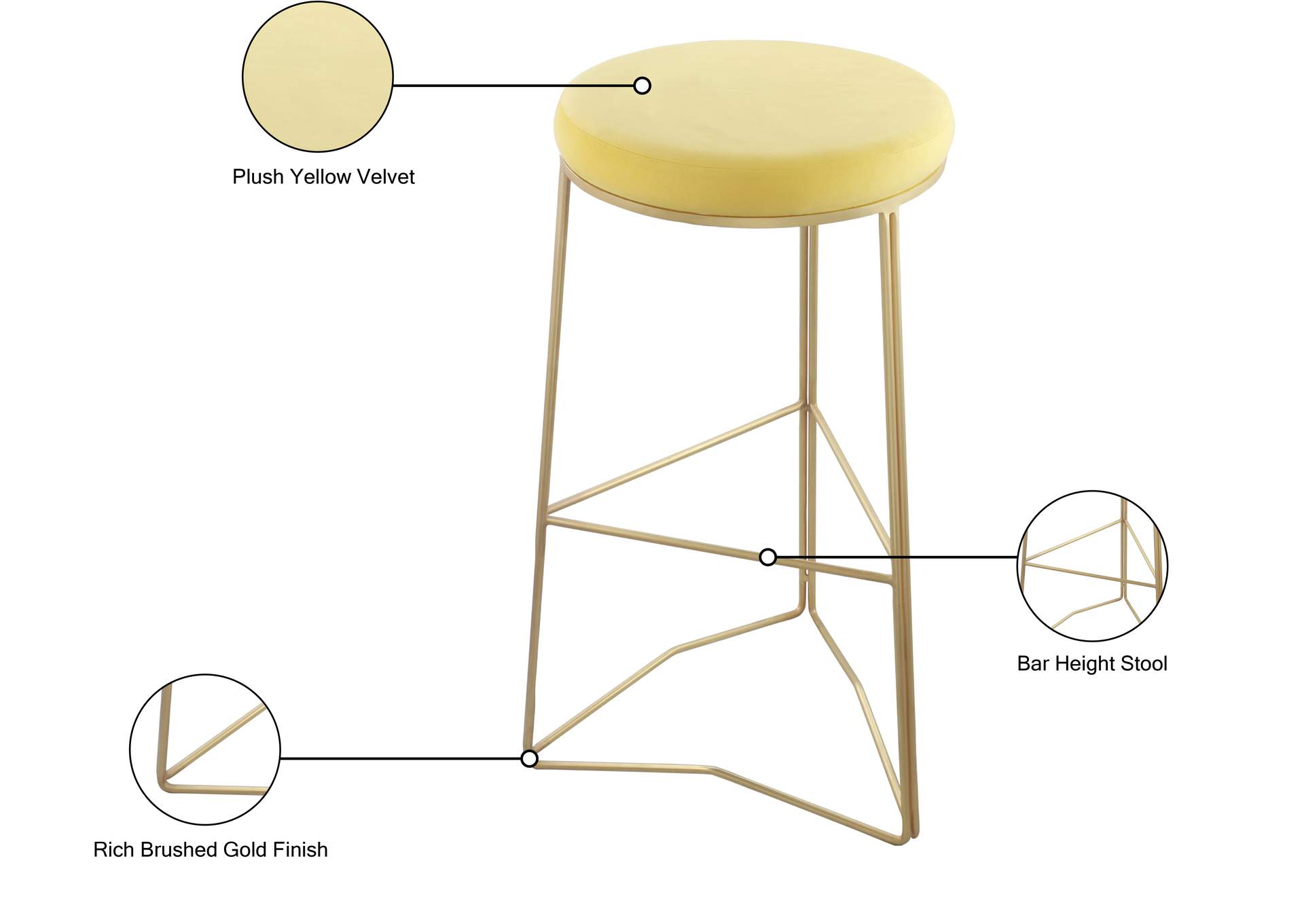 Tres Yellow Velvet Bar Stool,Meridian Furniture