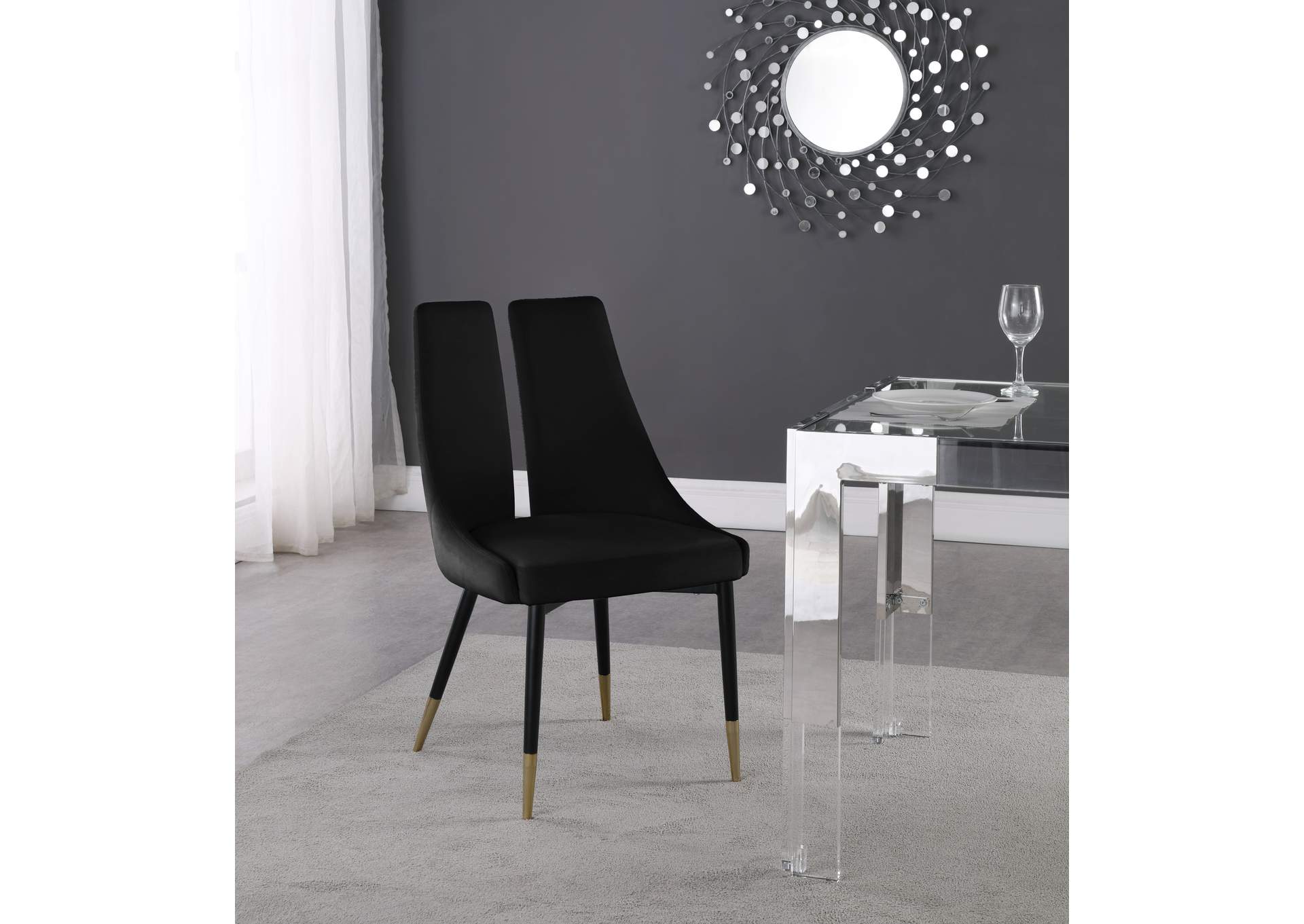 Sleek Black Velvet Dining Chair Set of 2,Meridian Furniture