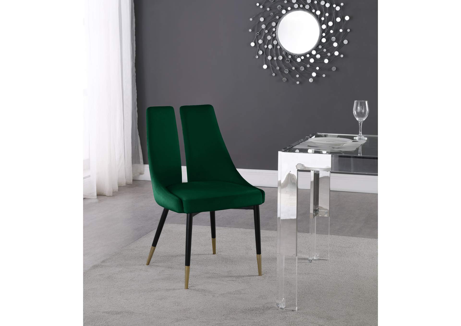 Sleek Green Velvet Dining Chair Set of 2,Meridian Furniture