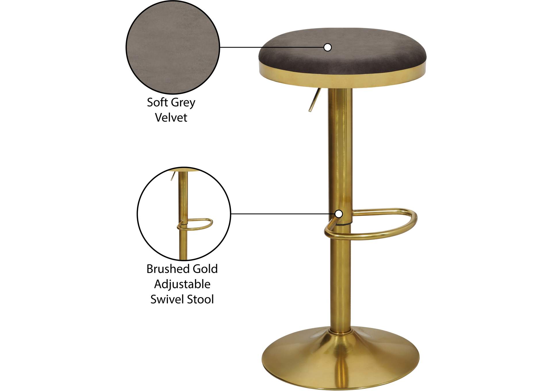 Brody Grey Velvet Adjustable Stool,Meridian Furniture