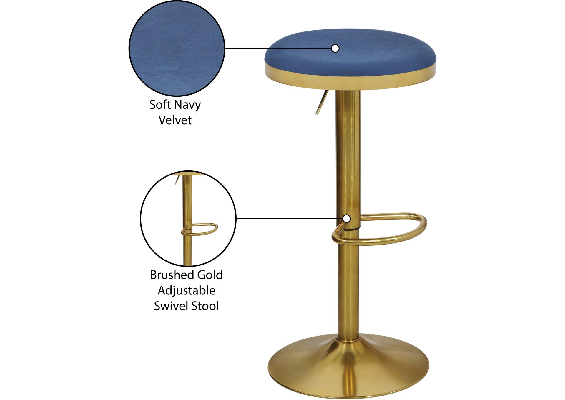 Brody Navy Velvet Adjustable Stool,Meridian Furniture