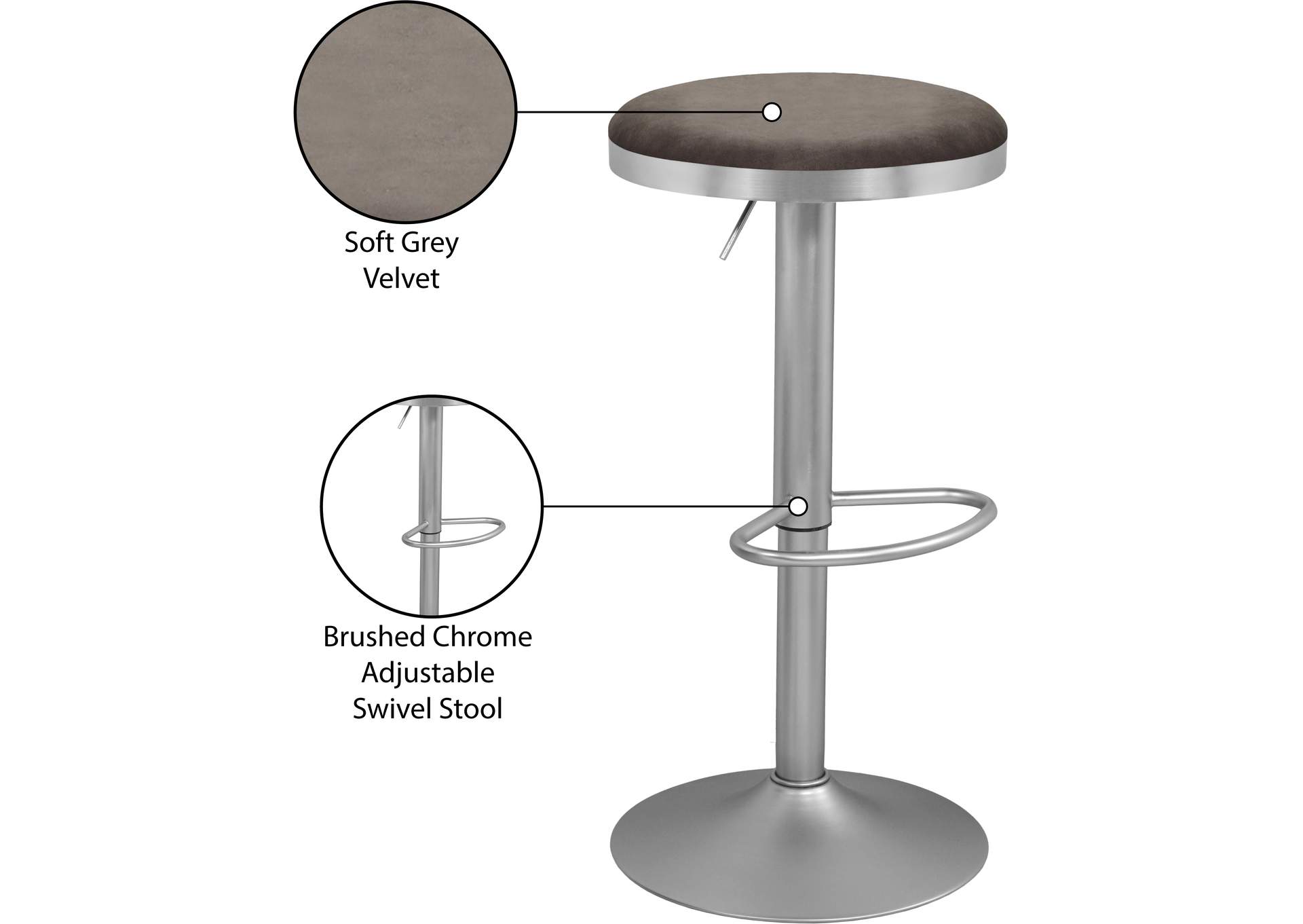 Brody Grey Velvet Adjustable Stool,Meridian Furniture