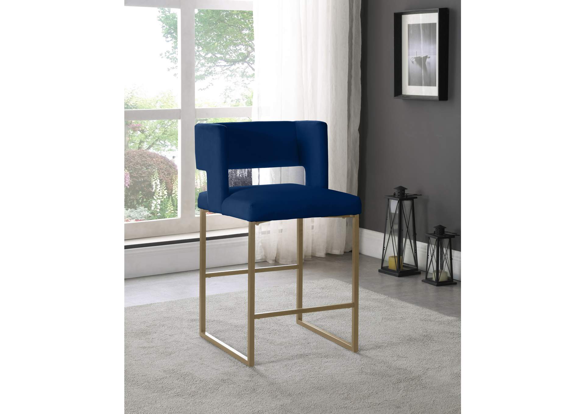 Caleb Navy Velvet Counter Stool Set of 2,Meridian Furniture