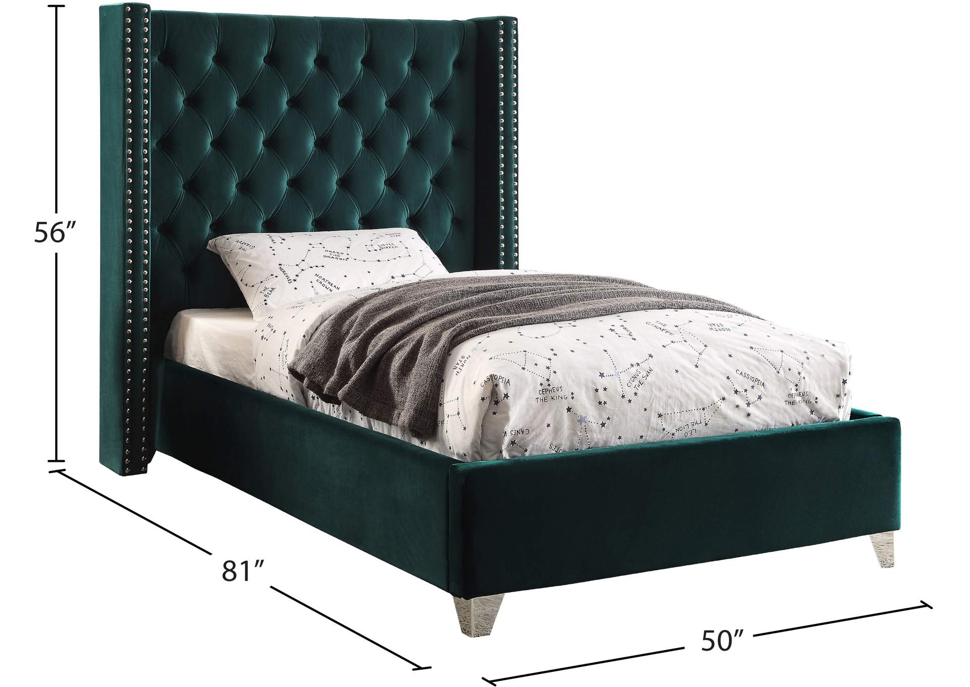 Aiden Green Velvet Twin Bed,Meridian Furniture