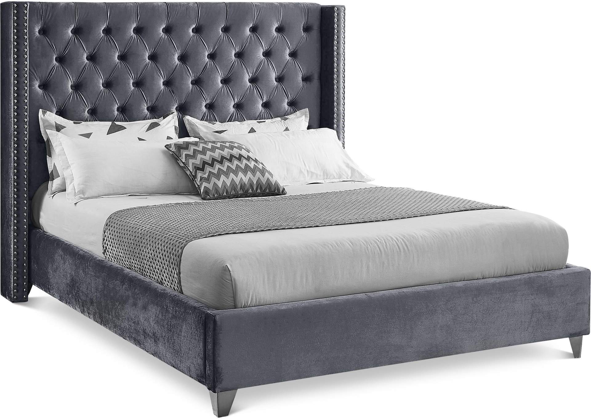 Aiden Grey Velvet Queen Bed,Meridian Furniture