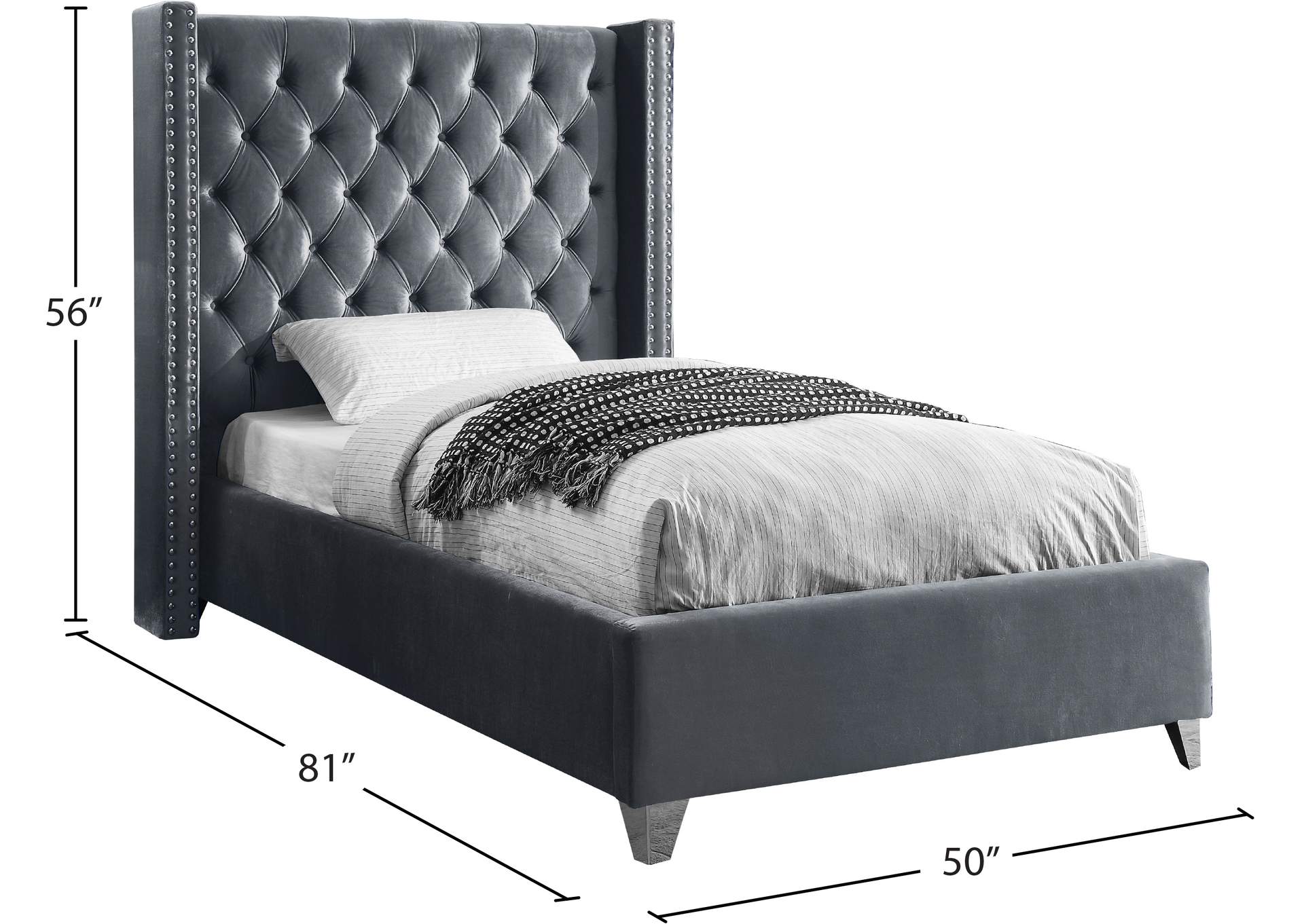 Aiden Grey Velvet Twin Bed,Meridian Furniture
