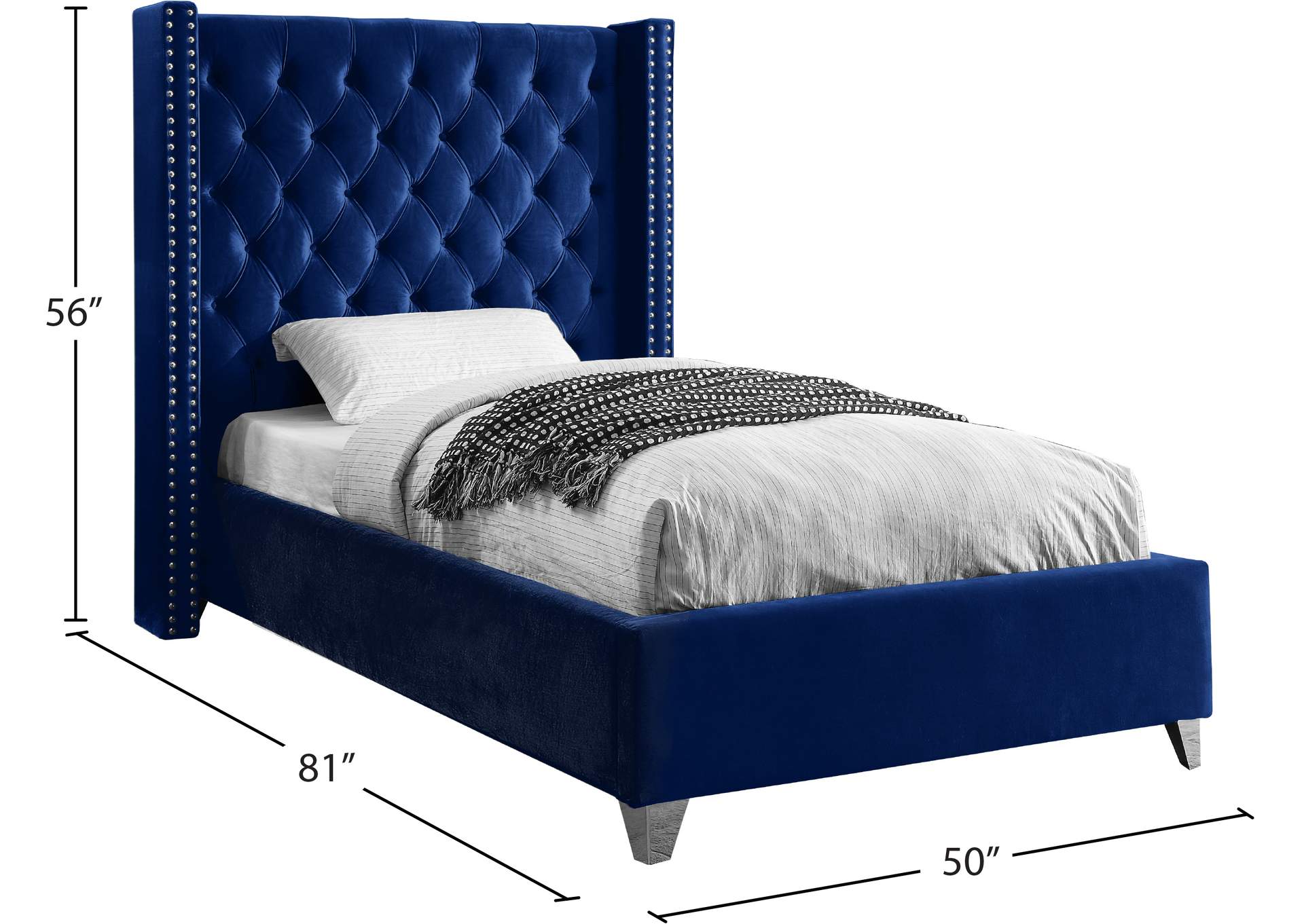 Aiden Navy Velvet Twin Bed,Meridian Furniture