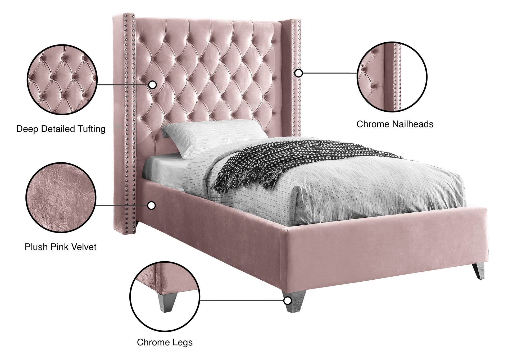 Aiden Pink Velvet Twin Bed,Meridian Furniture