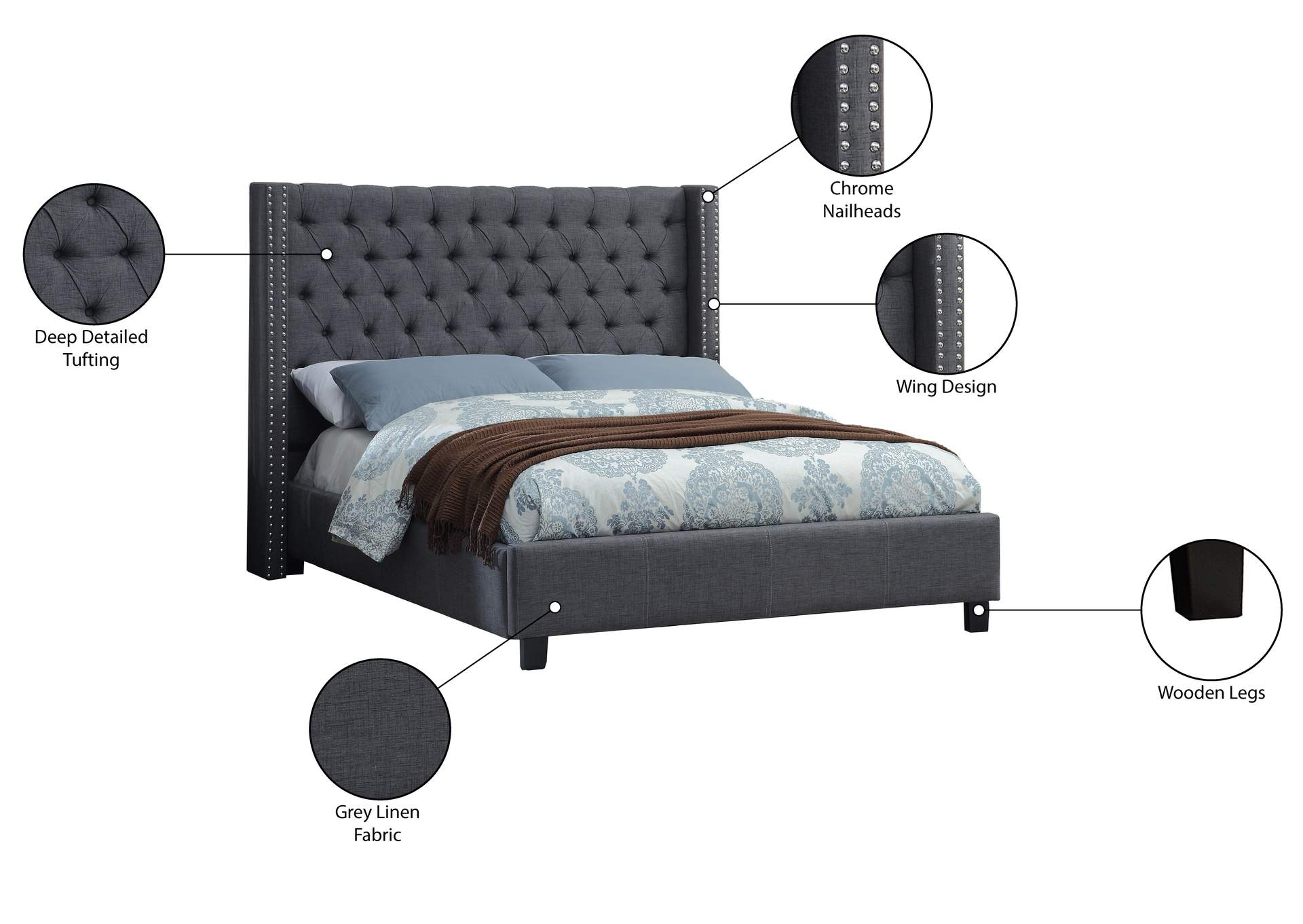 Ashton Grey Linen Textured Queen Bed,Meridian Furniture