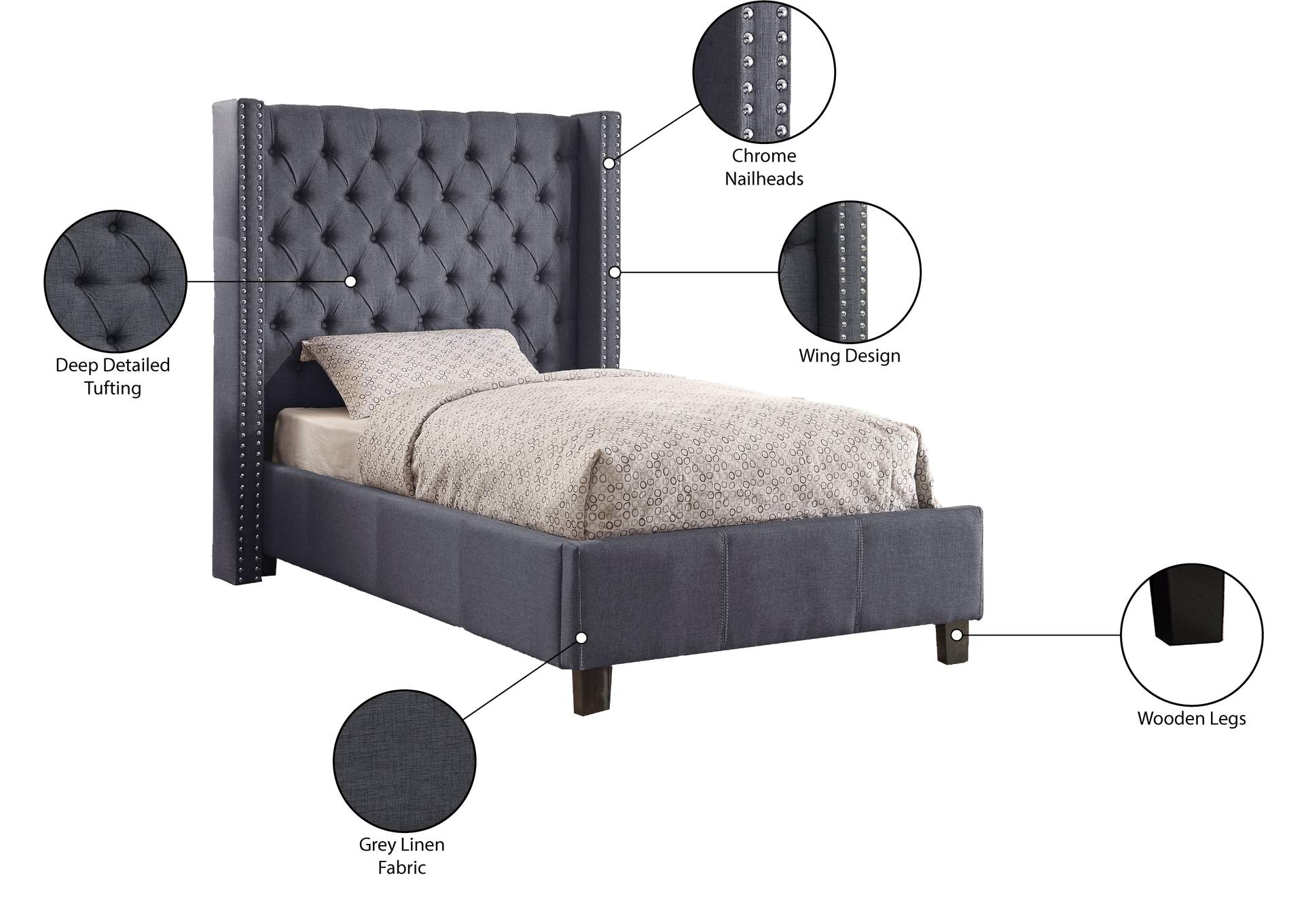 Ashton Grey Linen Textured Twin Bed,Meridian Furniture
