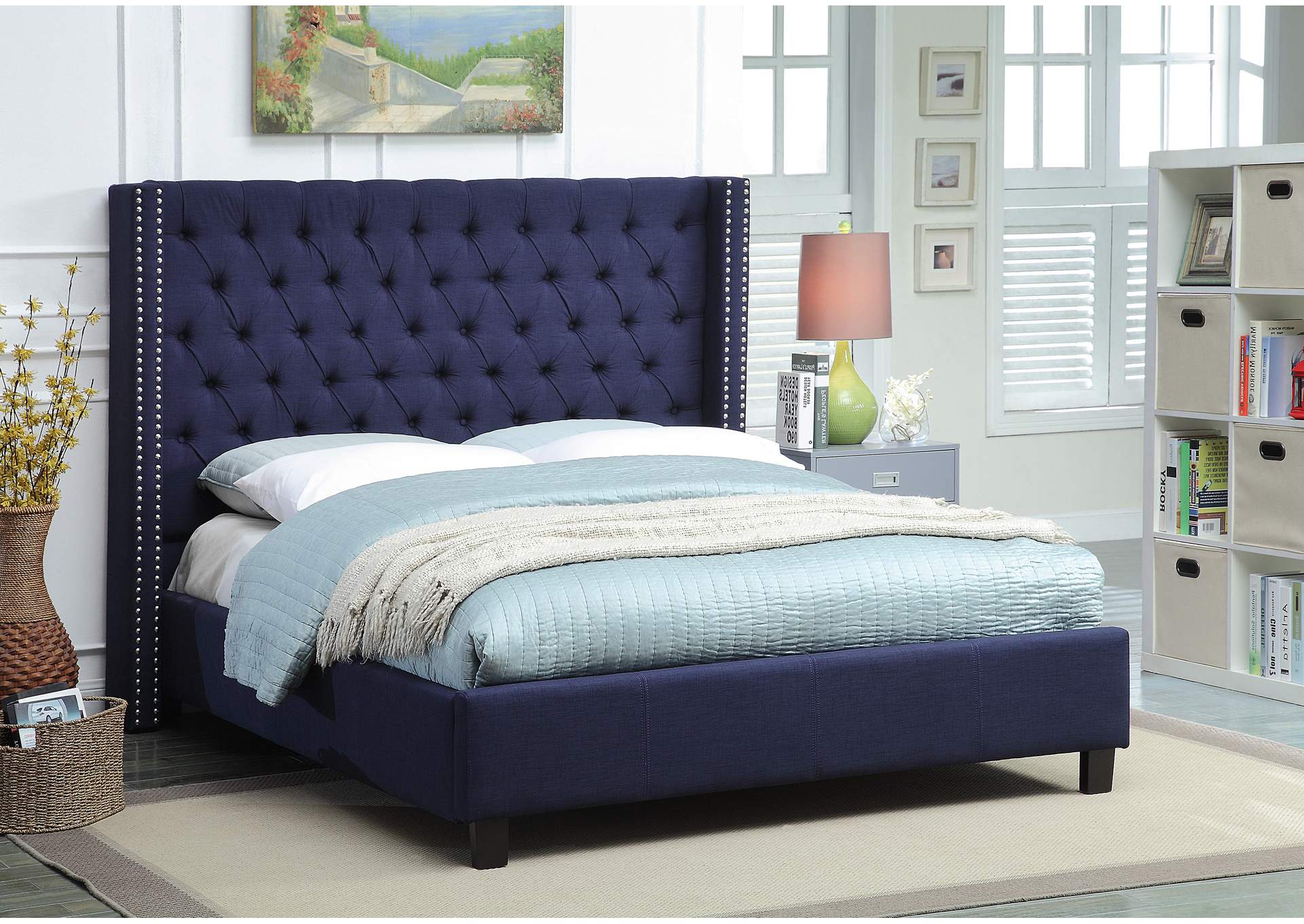Ashton Navy Linen Textured Queen Bed,Meridian Furniture