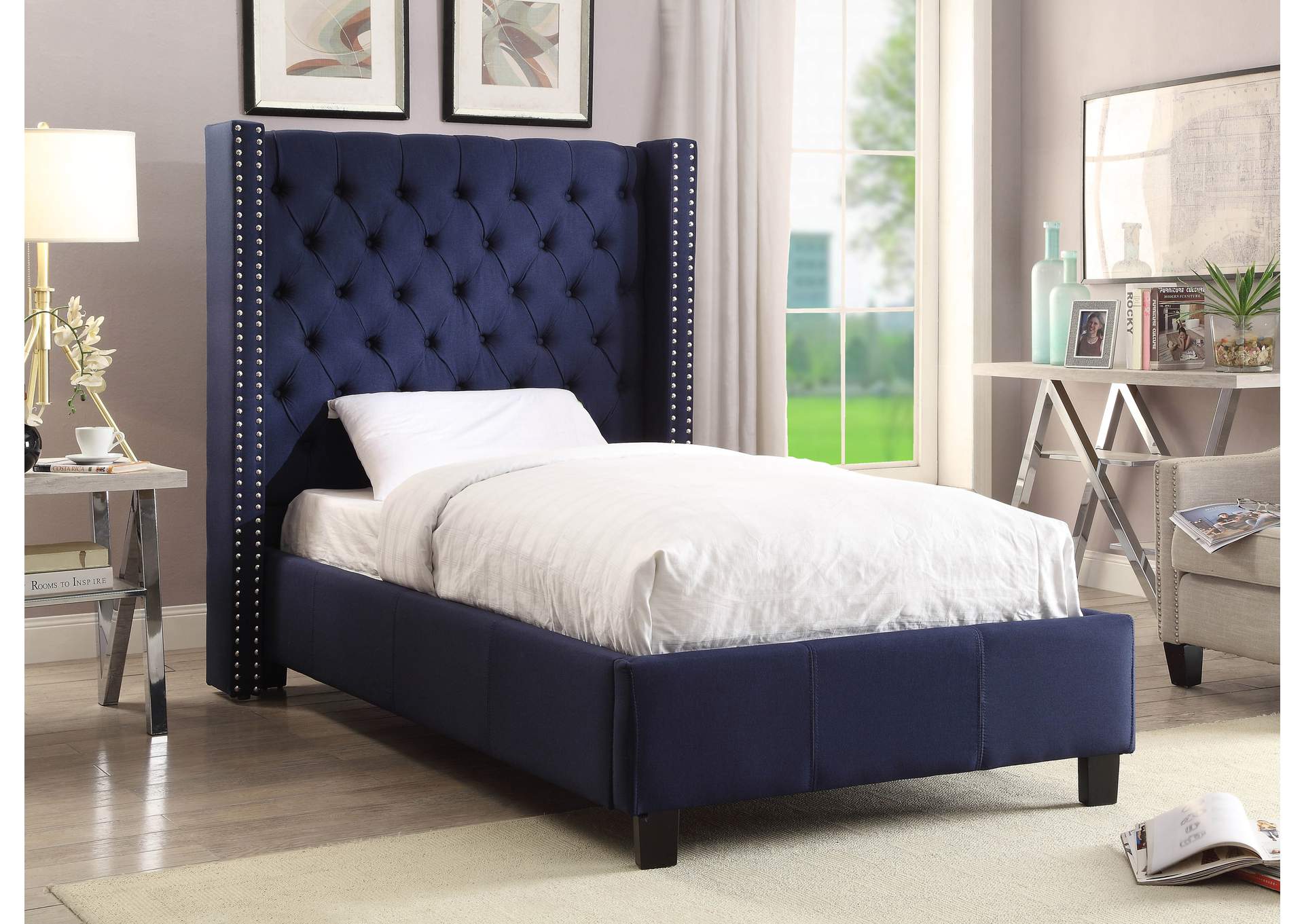 Ashton Navy Linen Textured Twin Bed,Meridian Furniture