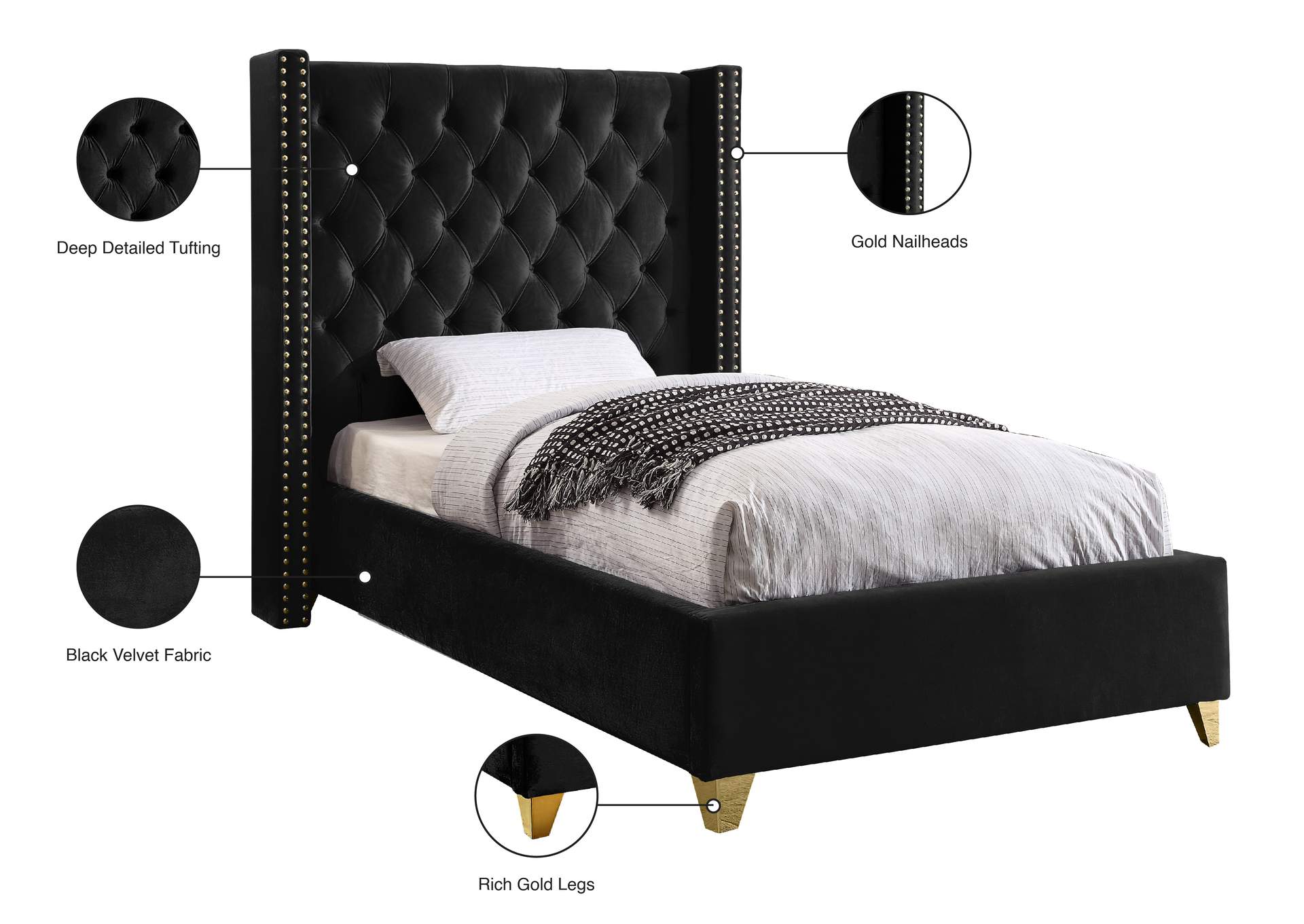 Barolo Black Velvet Twin Bed,Meridian Furniture