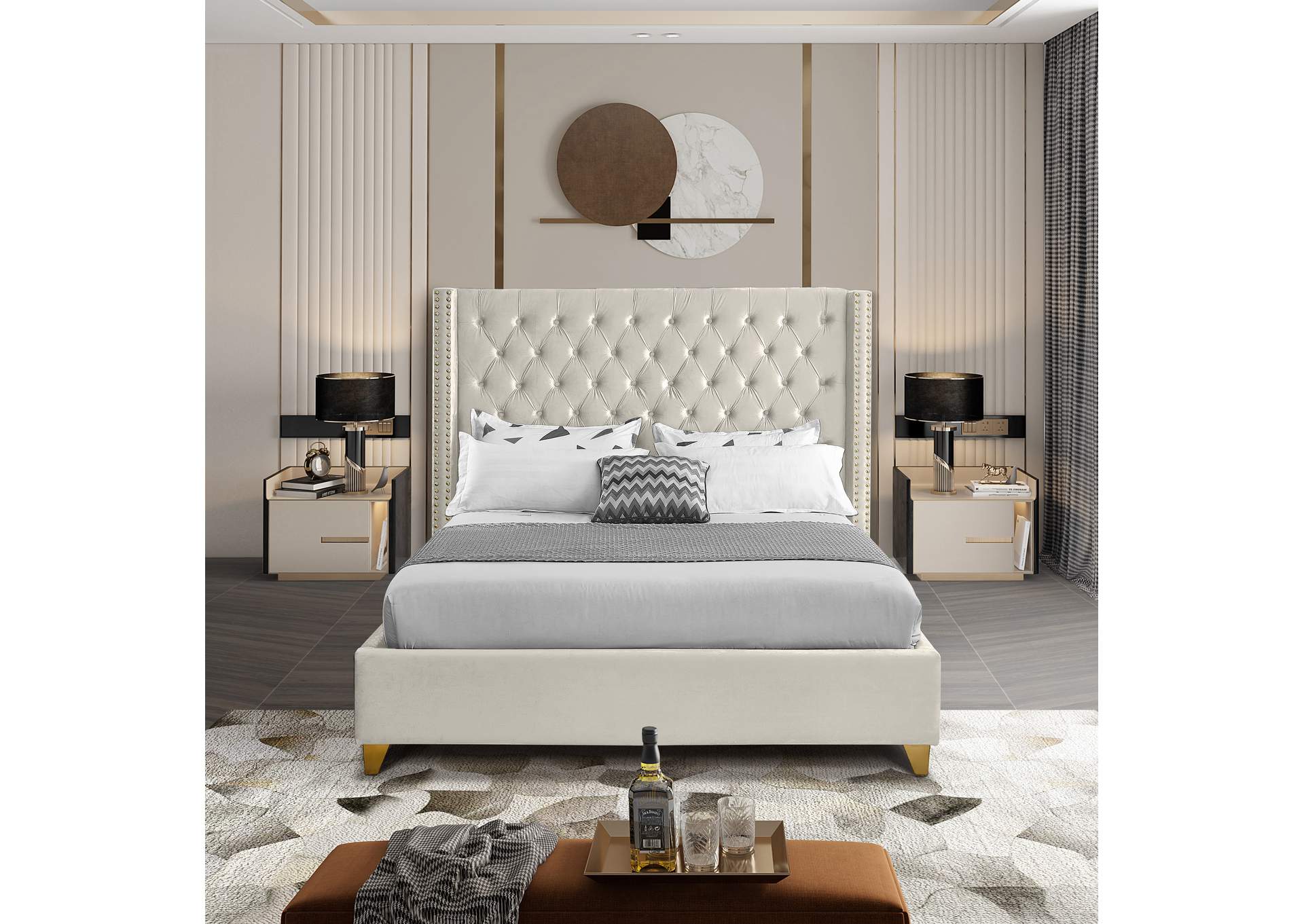 Barolo Cream Velvet Queen Bed,Meridian Furniture