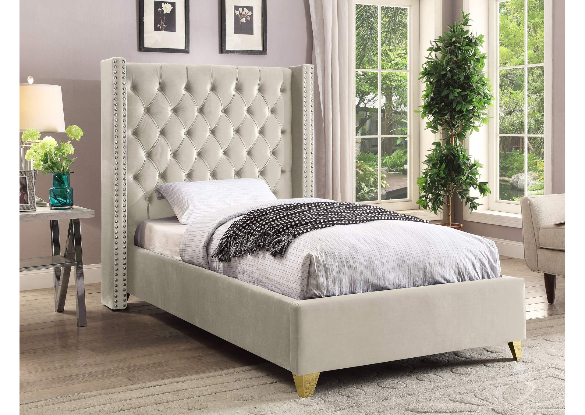 Barolo Cream Velvet Twin Bed,Meridian Furniture