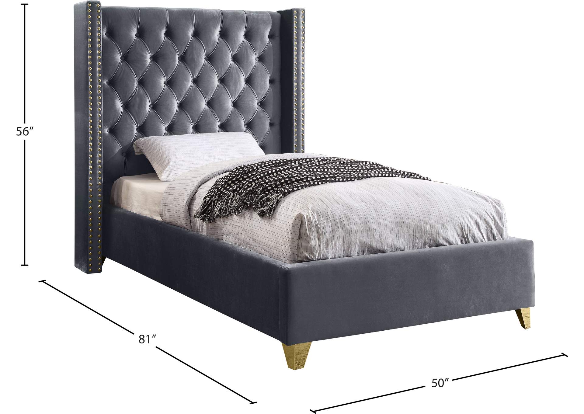Barolo Grey Velvet Twin Bed,Meridian Furniture