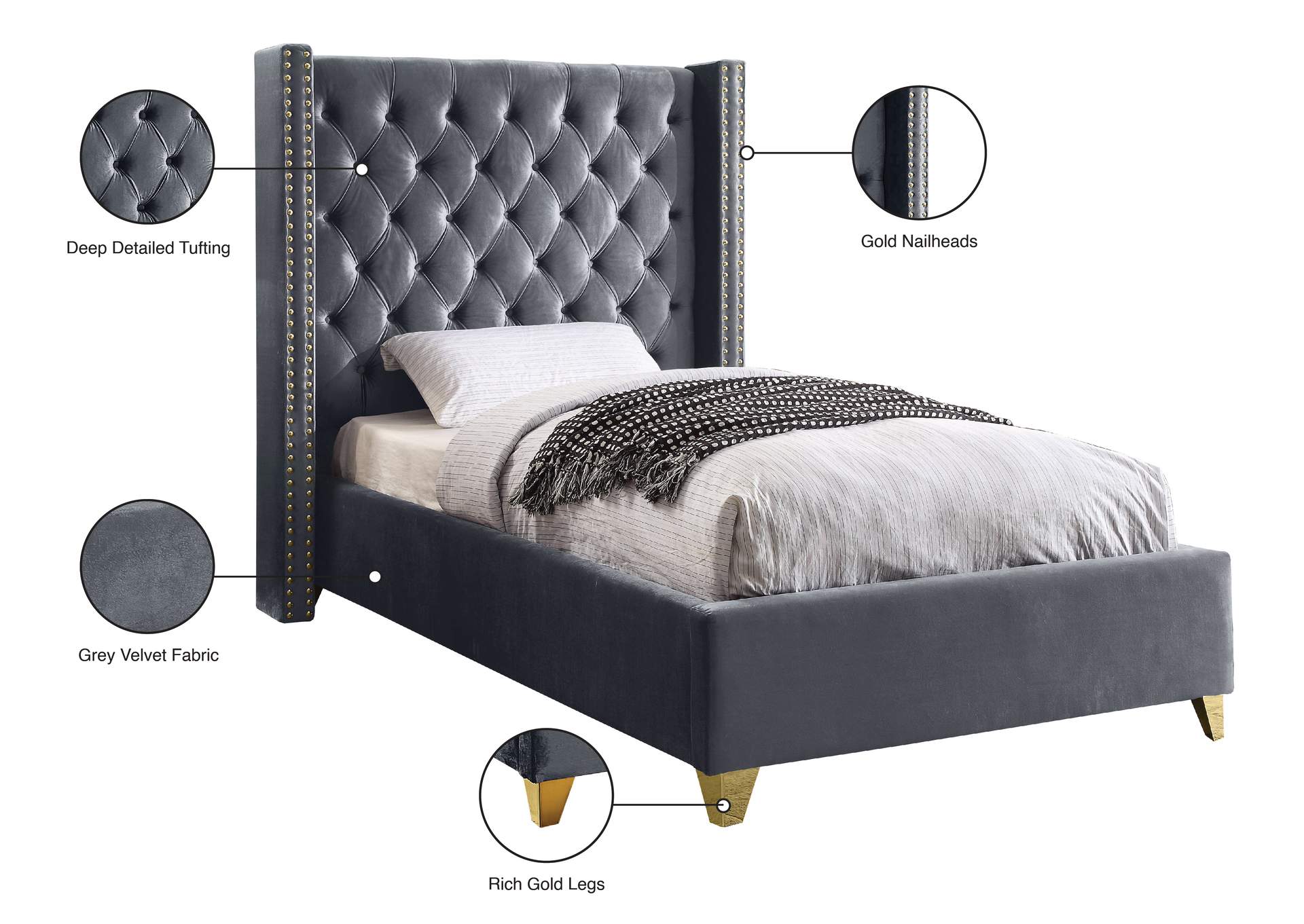 Barolo Grey Velvet Twin Bed,Meridian Furniture