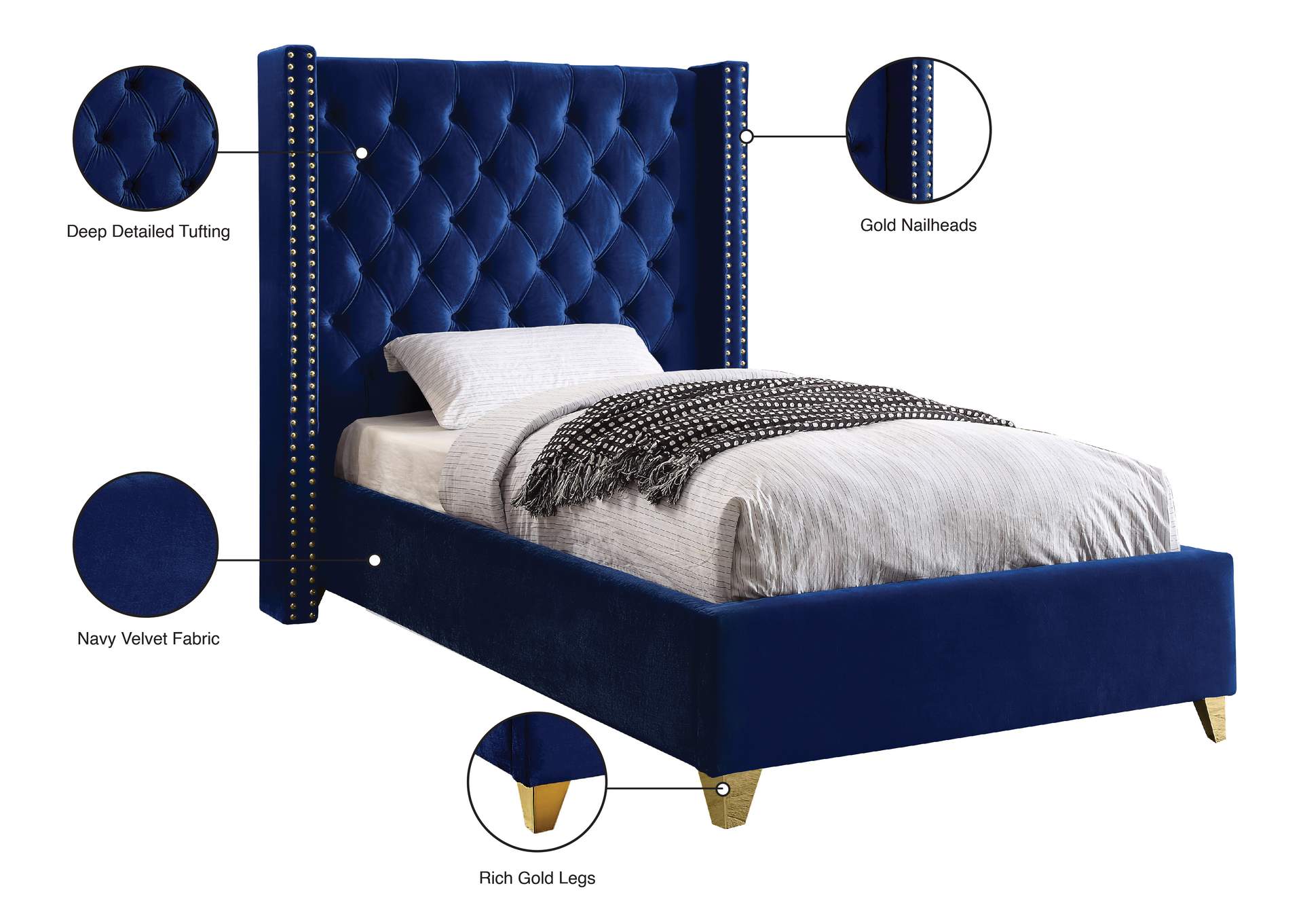 Barolo Navy Velvet Twin Bed,Meridian Furniture