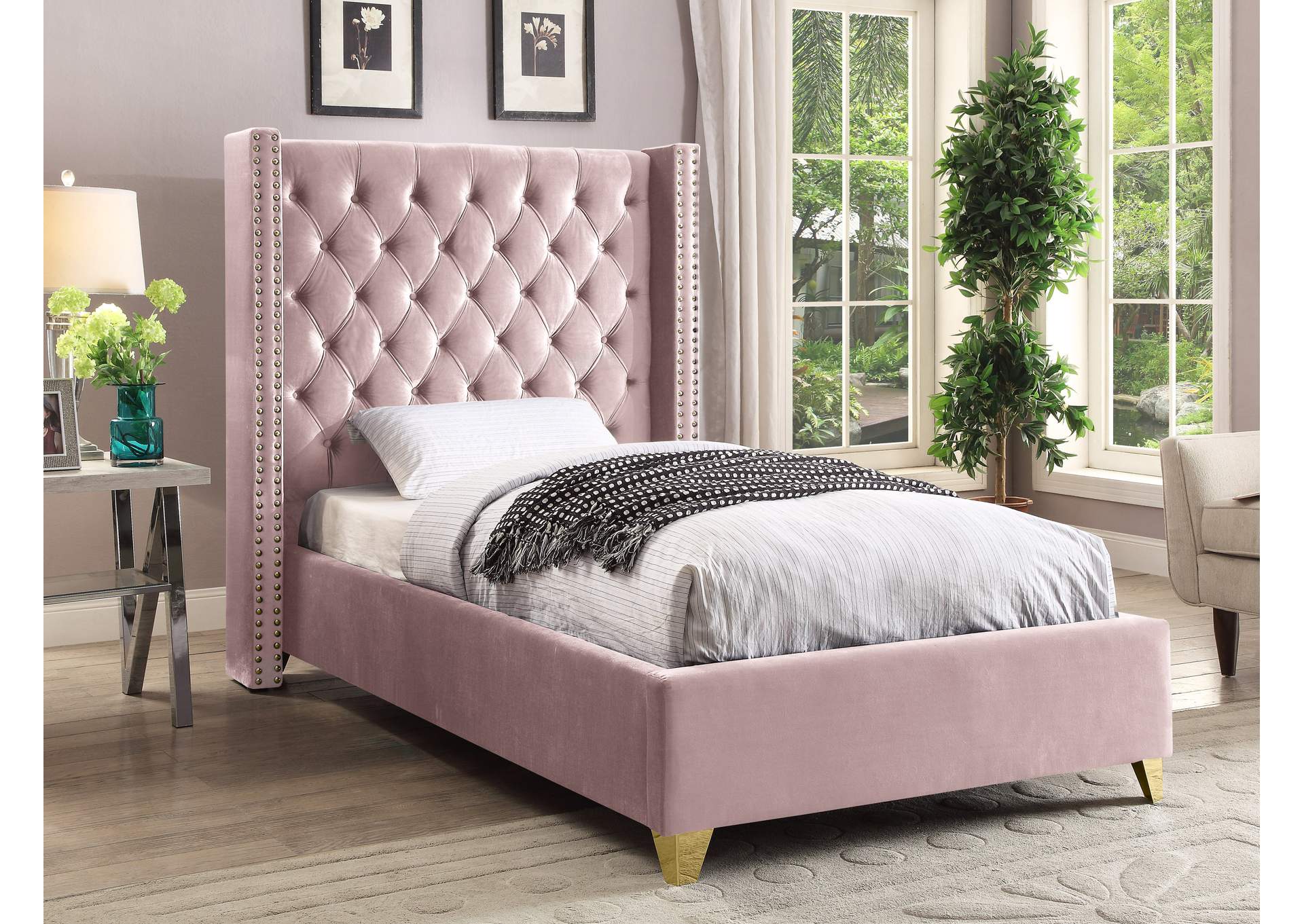 Barolo Pink Velvet Twin Bed,Meridian Furniture