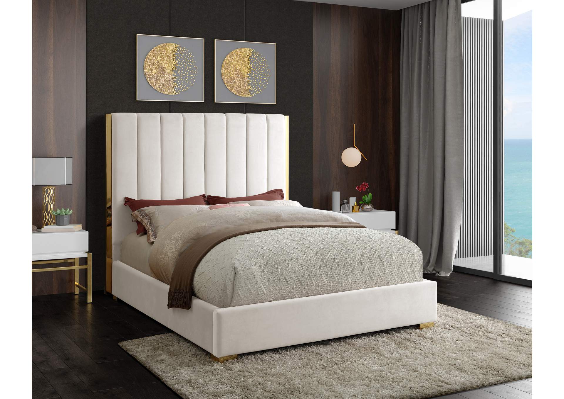 Becca Cream Velvet Queen Bed,Meridian Furniture