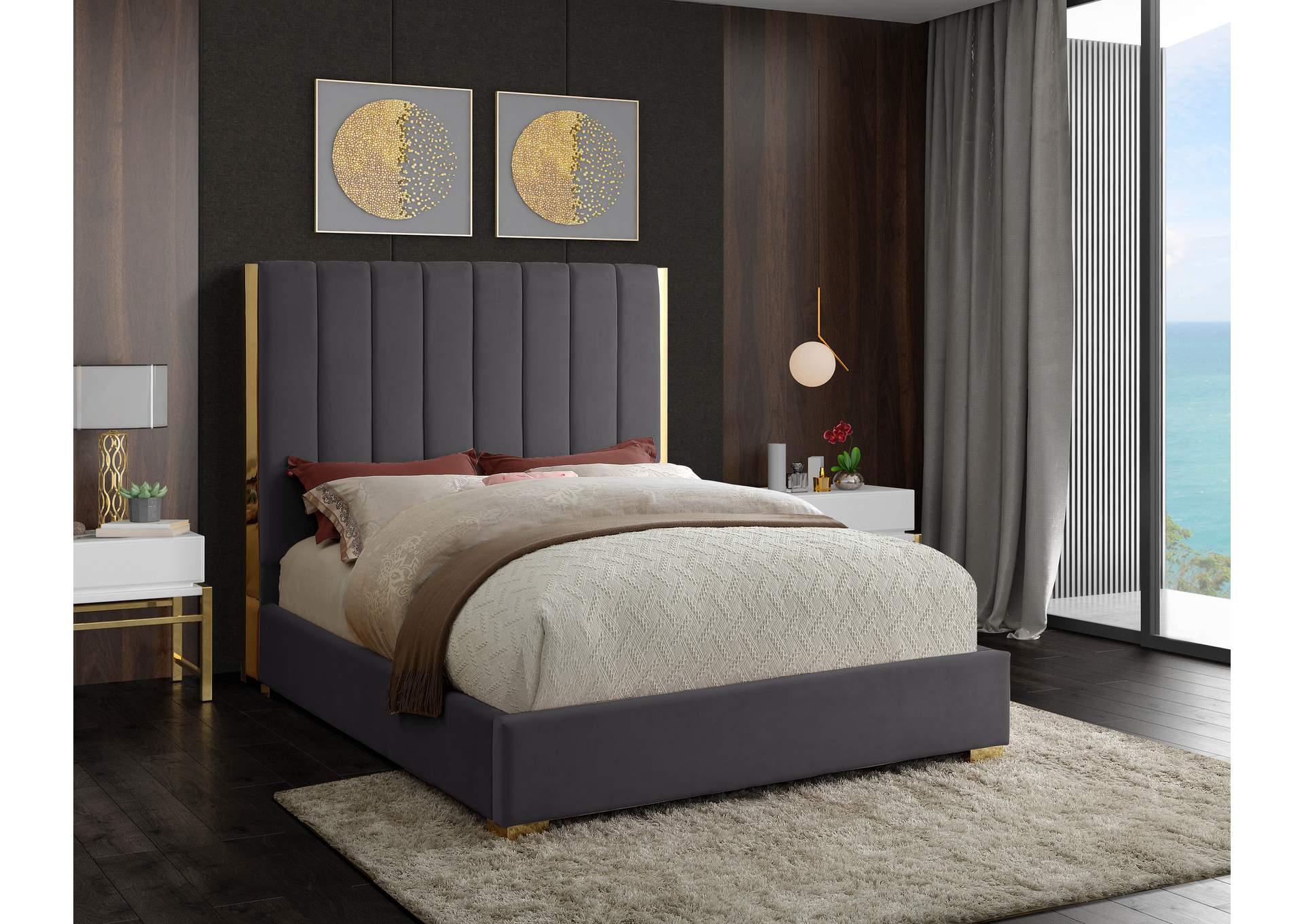 Becca Grey Velvet Queen Bed,Meridian Furniture