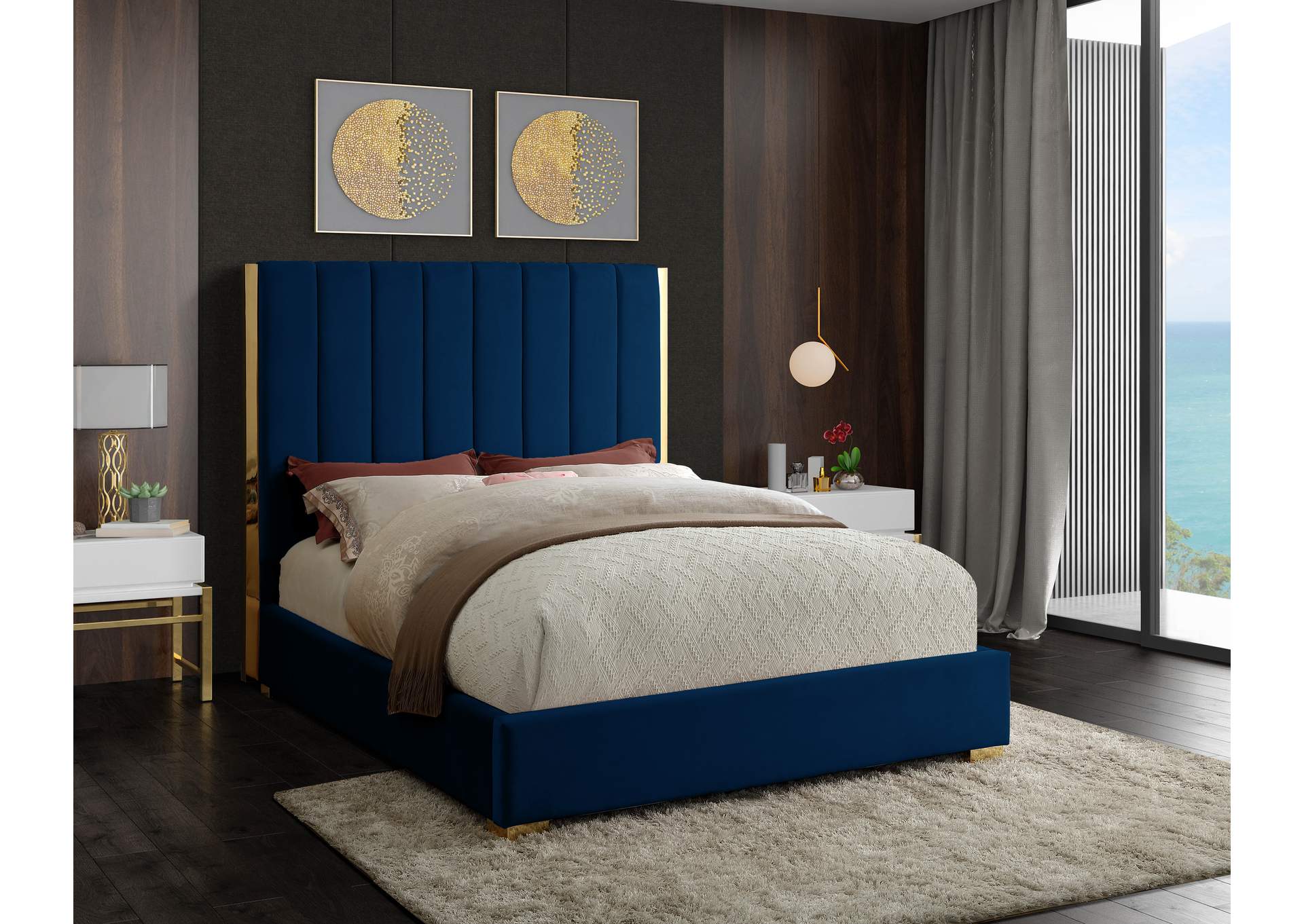 Becca Navy Velvet Full Bed,Meridian Furniture