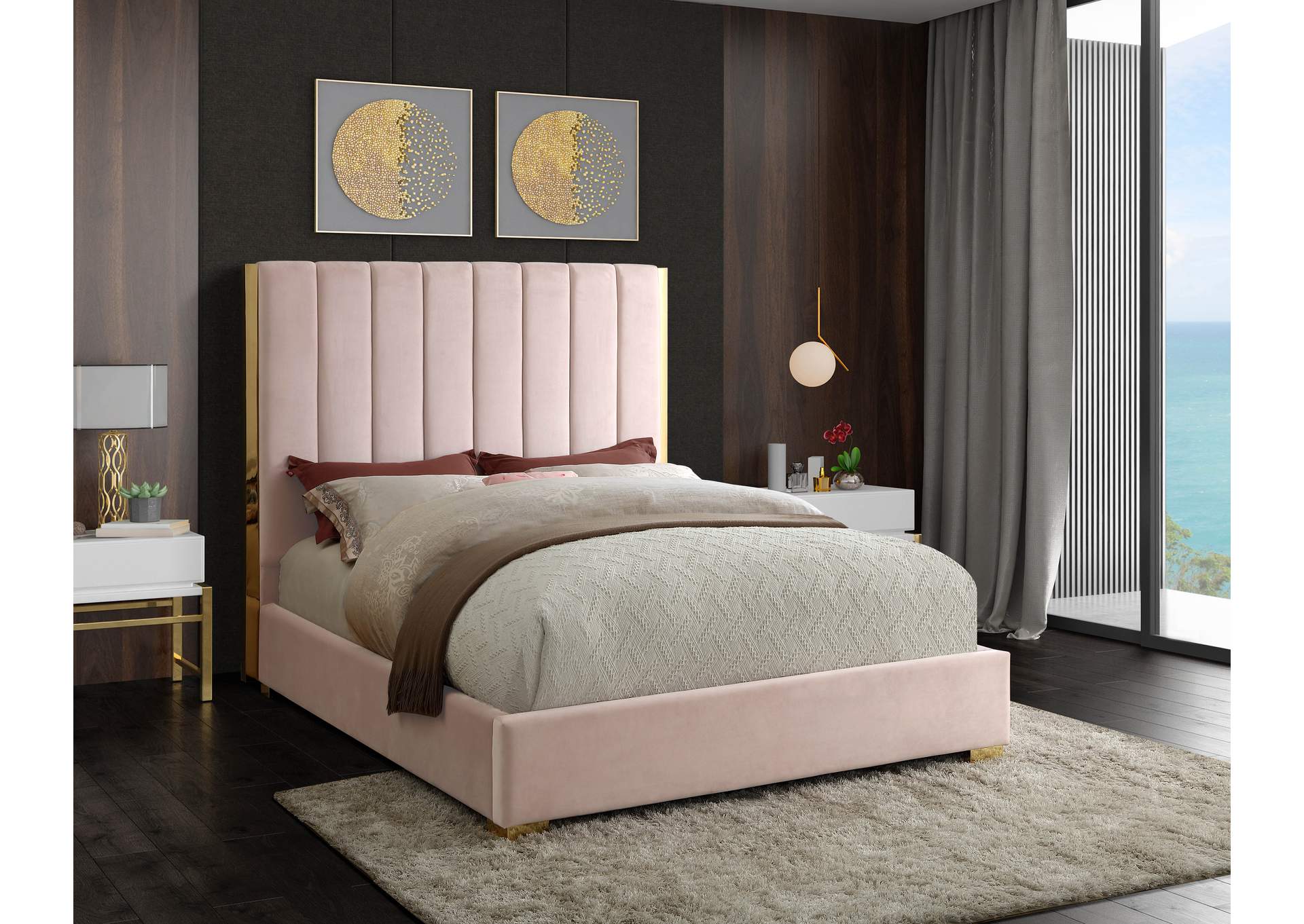 Becca Pink Velvet Queen Bed,Meridian Furniture