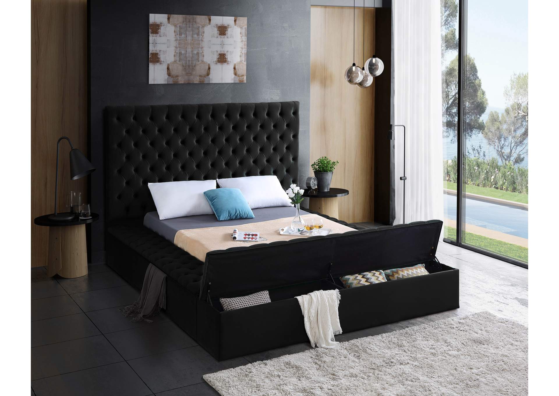 Bliss Black Velvet Queen Bed (3 Boxes),Meridian Furniture