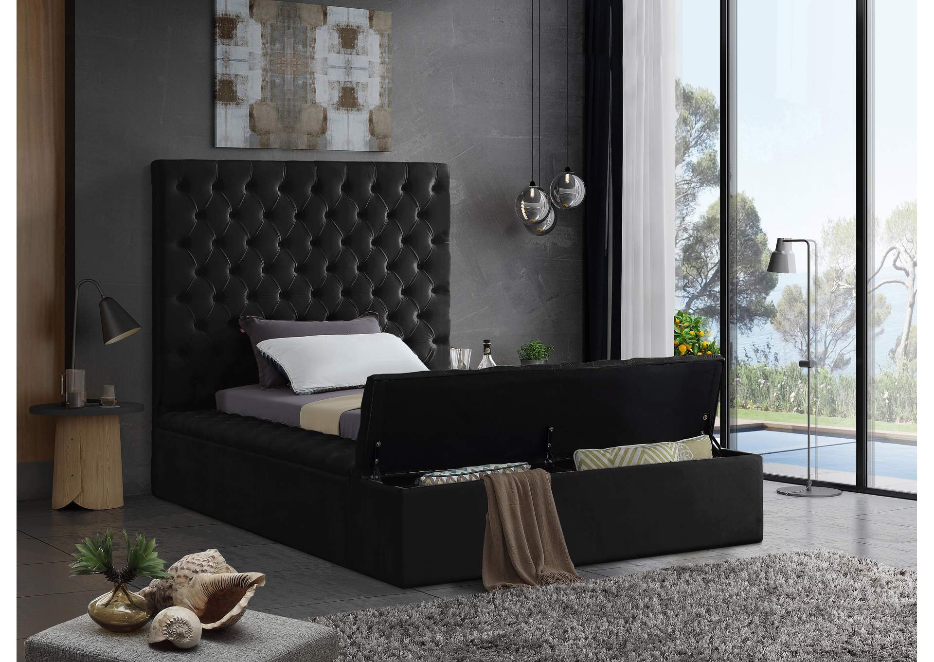 Bliss Black Velvet Twin Bed (3 Boxes),Meridian Furniture