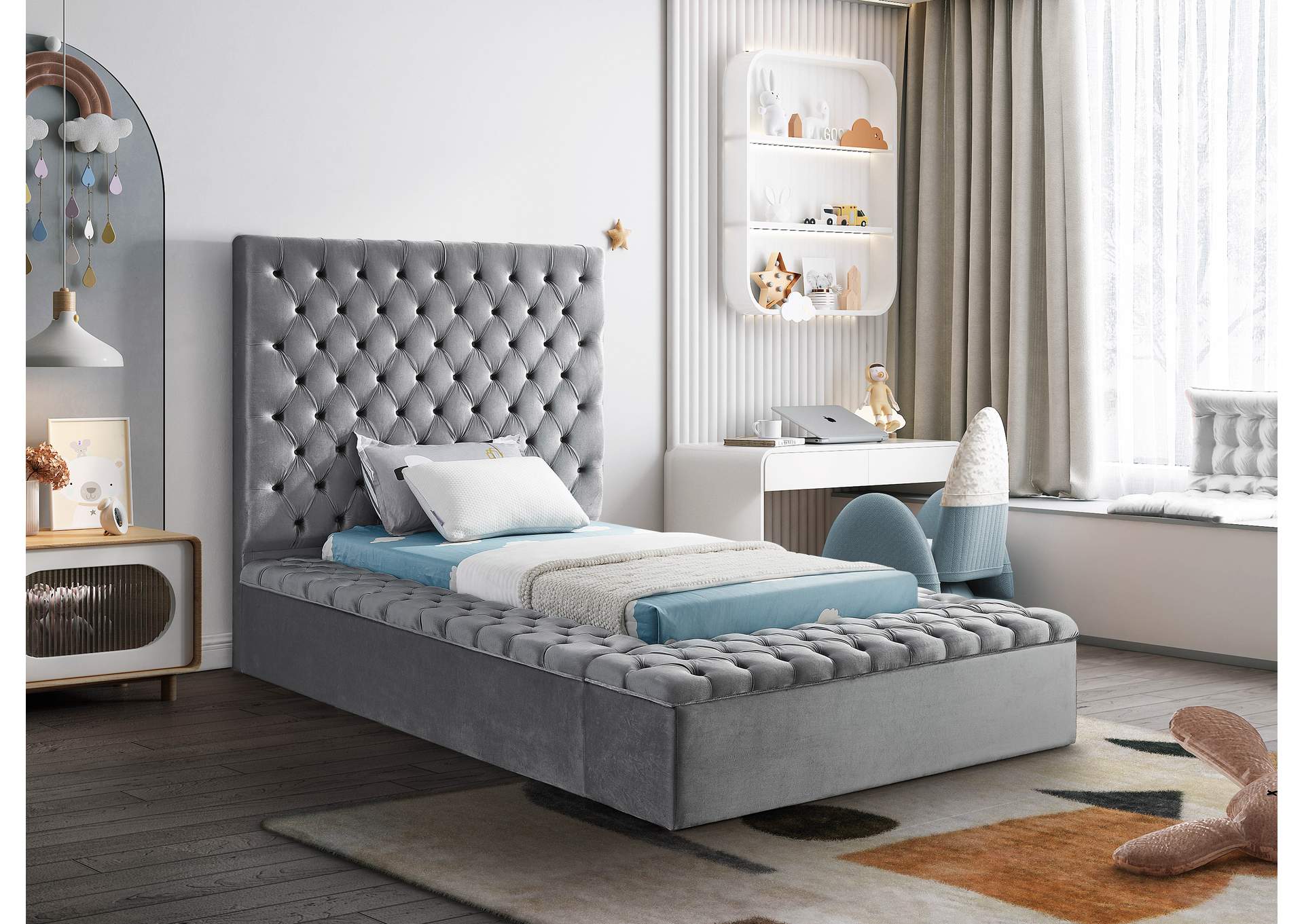 Bliss Grey Velvet Twin Bed (3 Boxes),Meridian Furniture