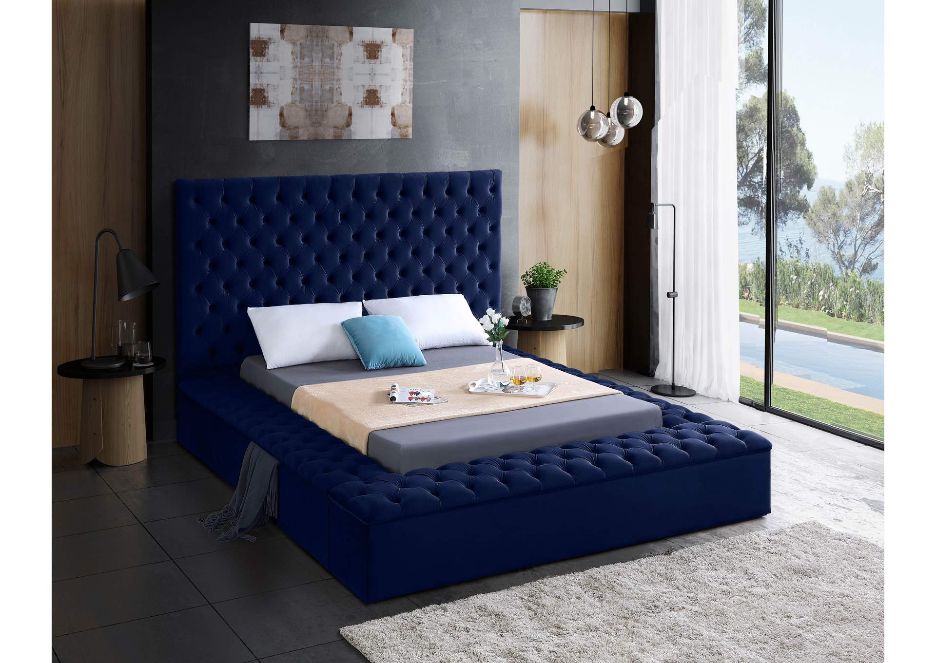 Bliss Navy Velvet Full Bed (3 Boxes),Meridian Furniture