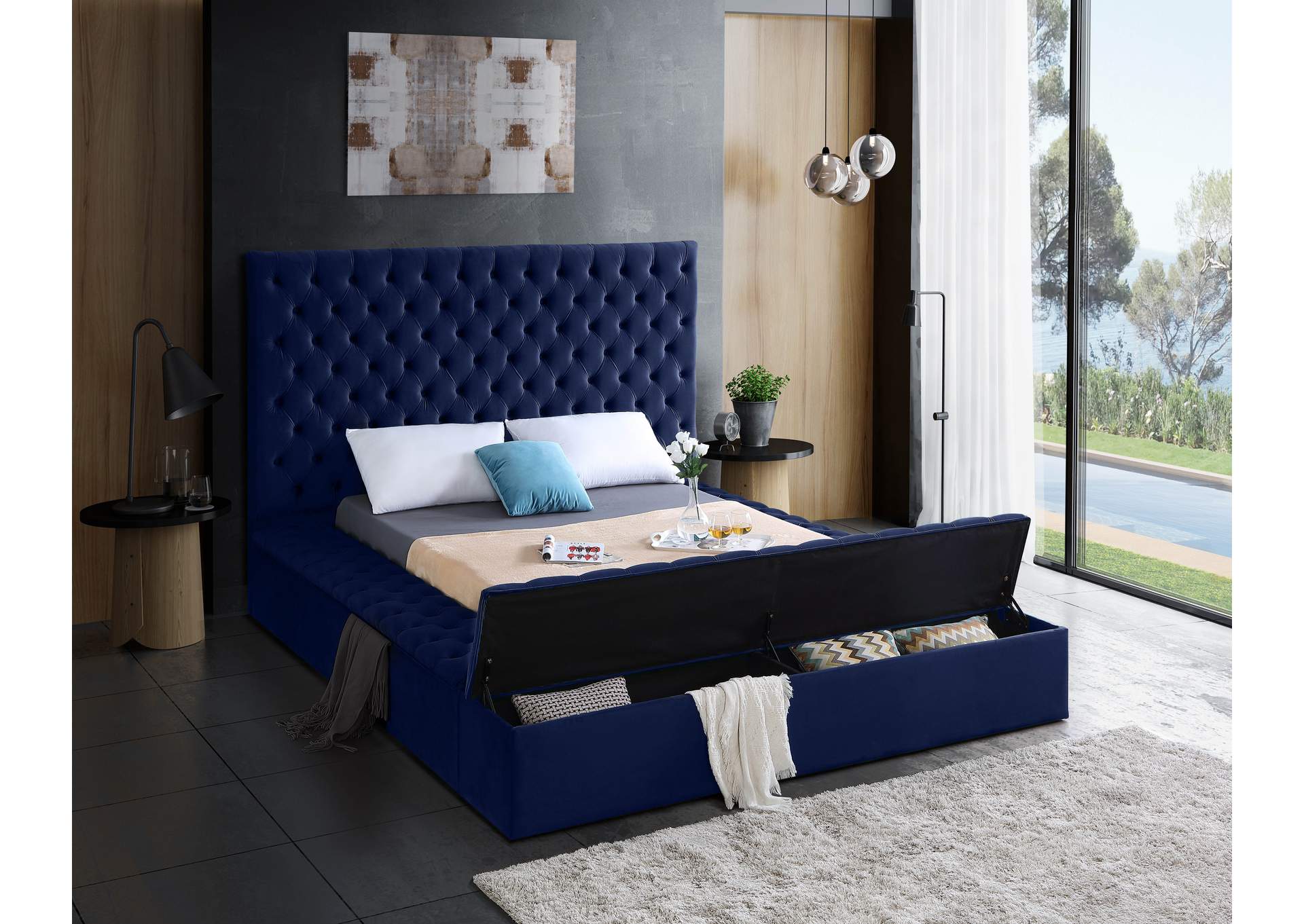 Bliss Navy Velvet Full Bed (3 Boxes),Meridian Furniture