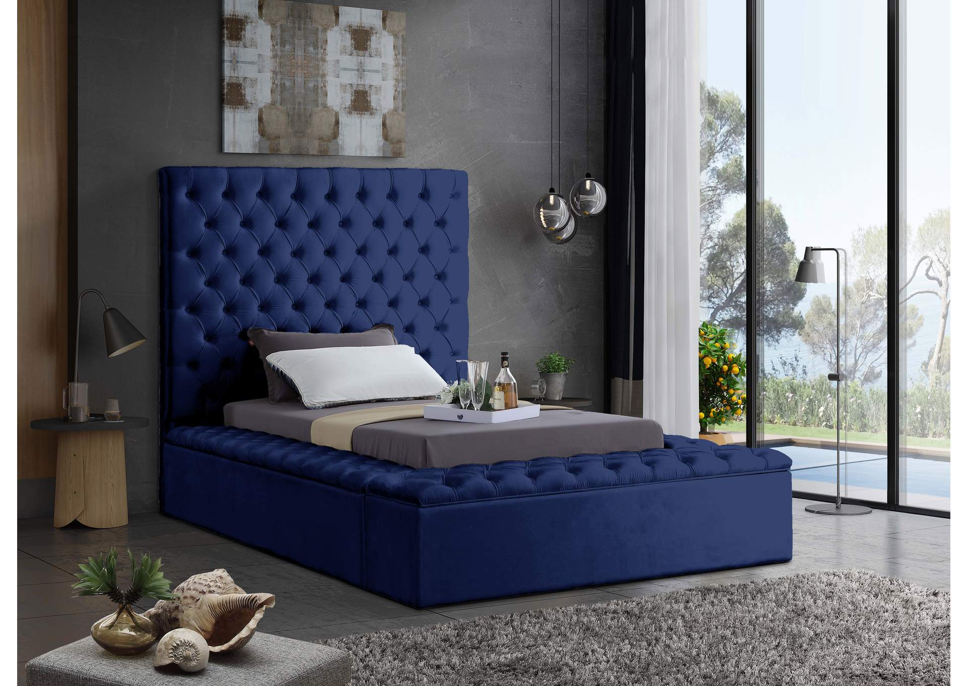 Bliss Navy Velvet Twin Bed (3 Boxes),Meridian Furniture