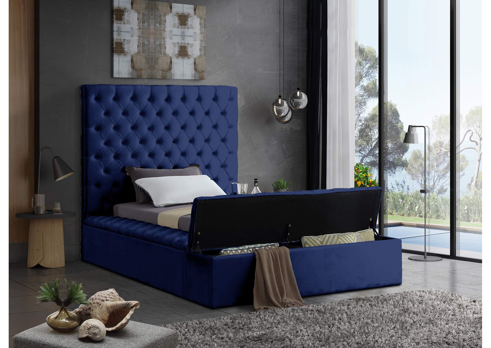 Bliss Navy Velvet Twin Bed (3 Boxes),Meridian Furniture