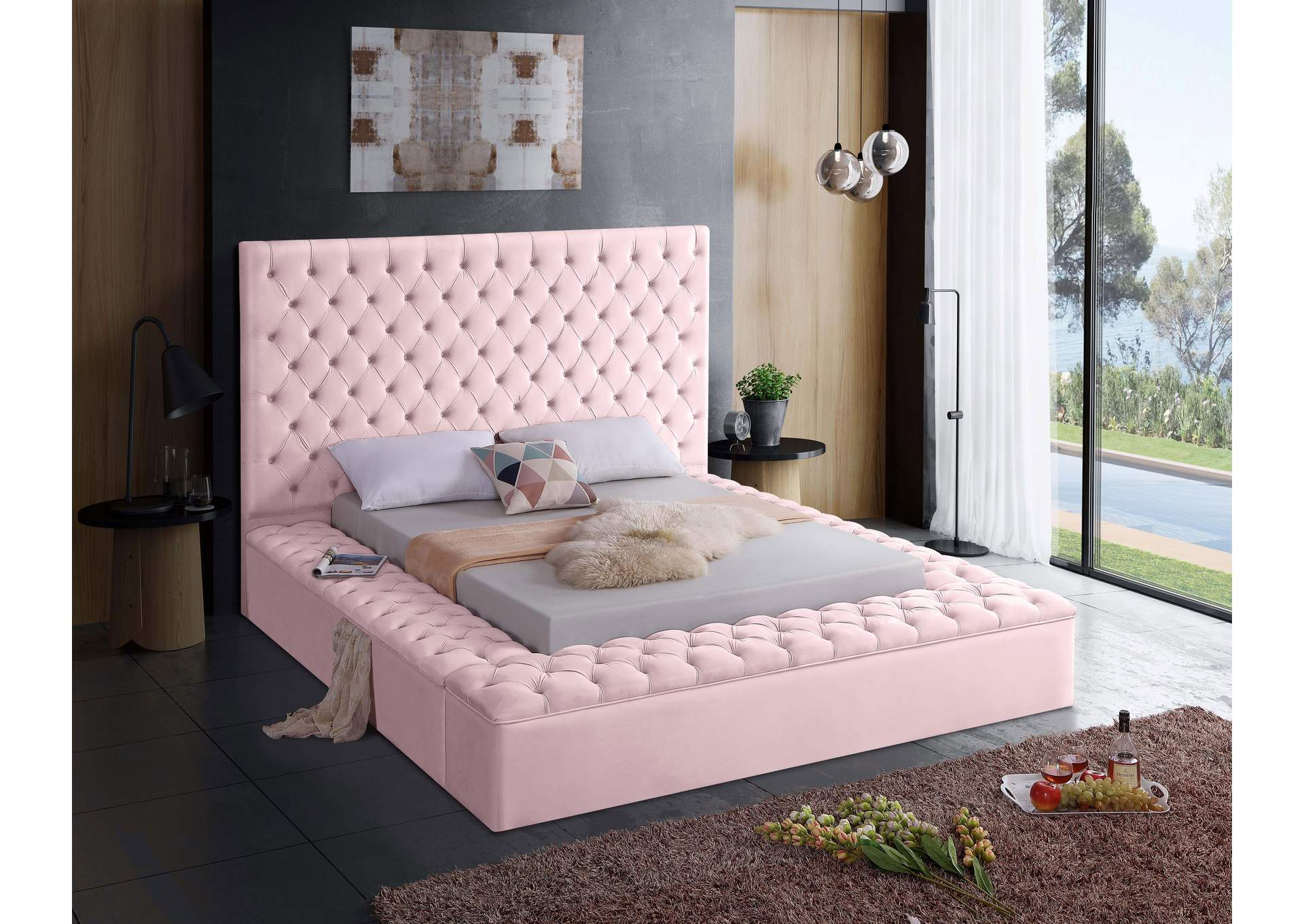 Bliss Pink Velvet Full Bed (3 Boxes),Meridian Furniture