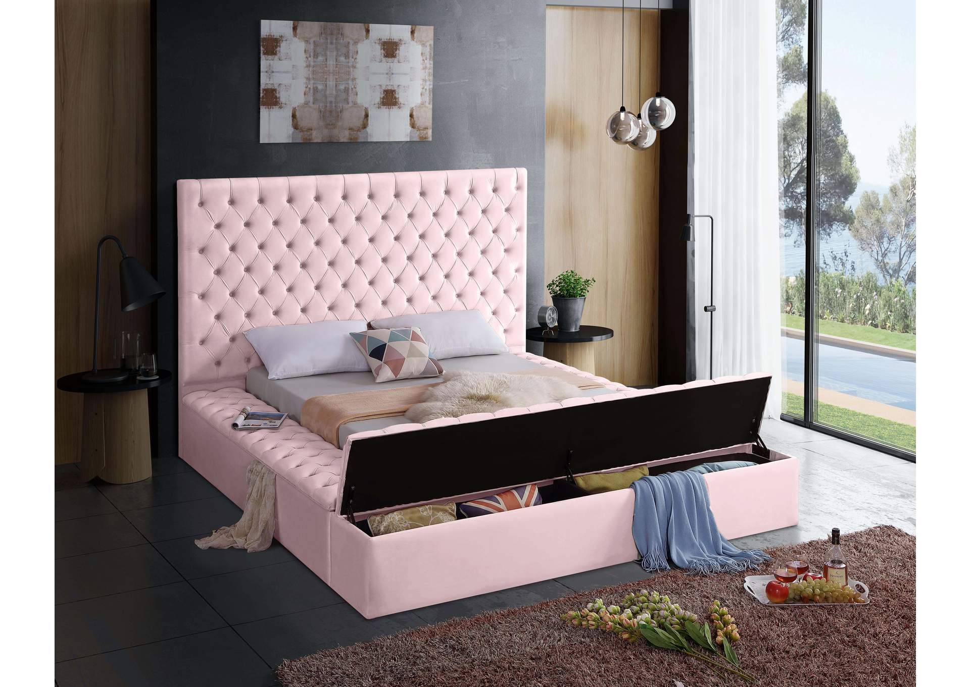 Bliss Pink Velvet Full Bed (3 Boxes),Meridian Furniture