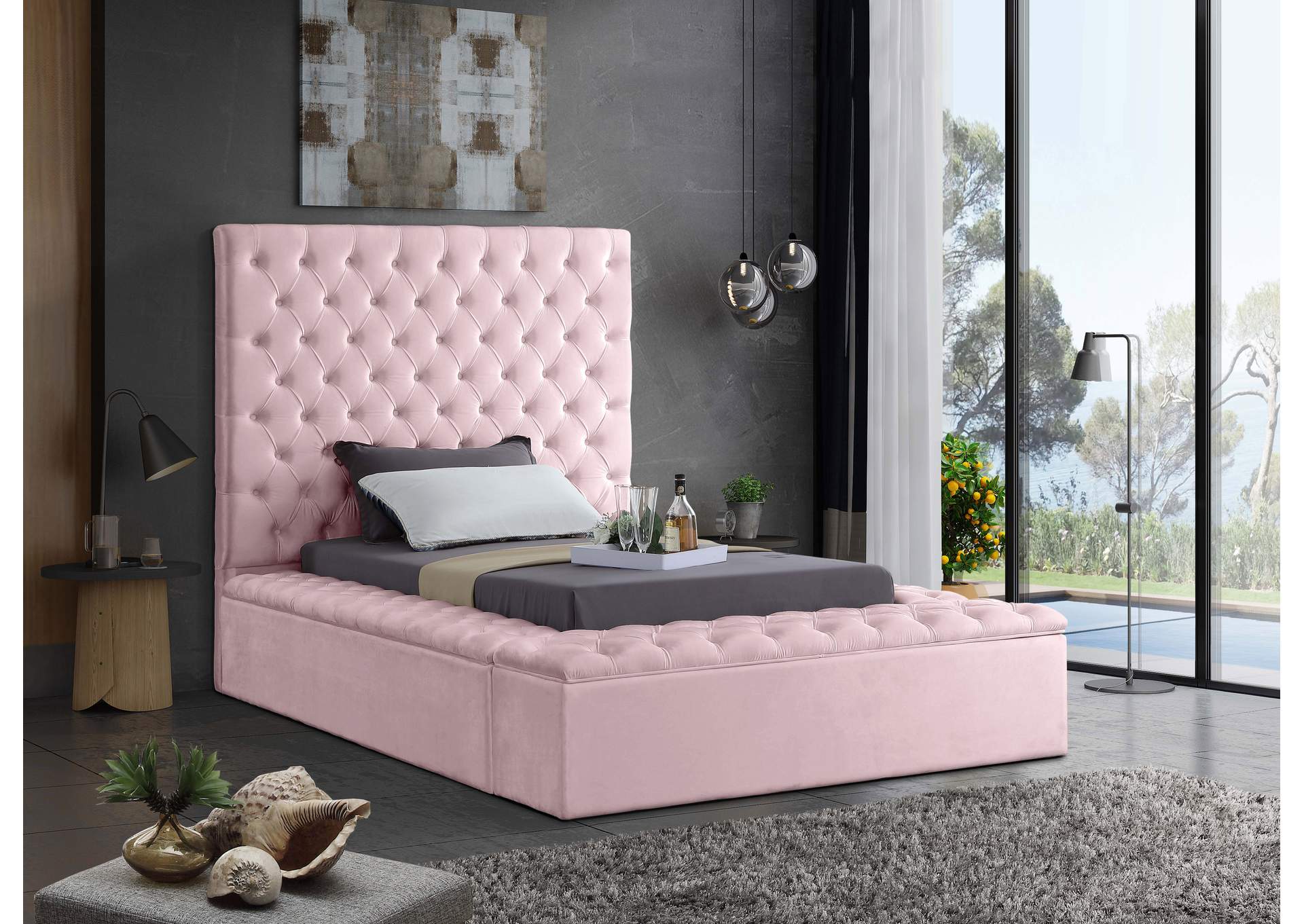 Bliss Pink Velvet Twin Bed (3 Boxes),Meridian Furniture