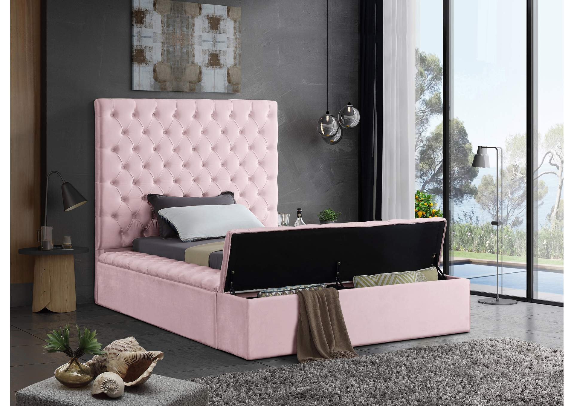 Bliss Pink Velvet Twin Bed (3 Boxes),Meridian Furniture