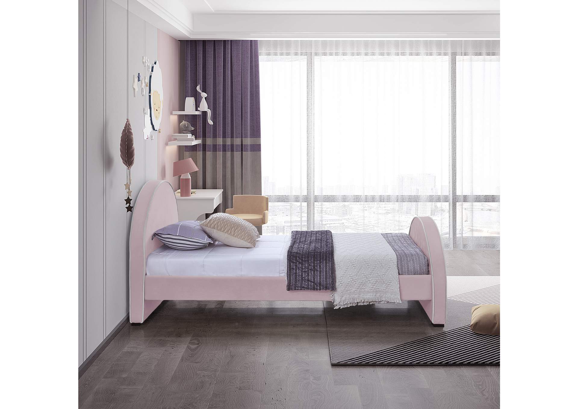 Brody Pink Velvet Twin Bed,Meridian Furniture