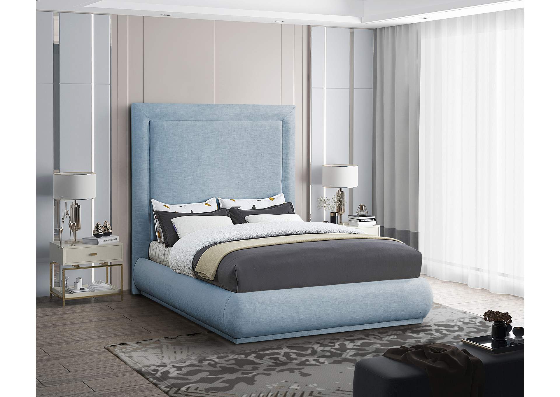 Brooke Light Blue Linen Textured Fabric King Bed,Meridian Furniture