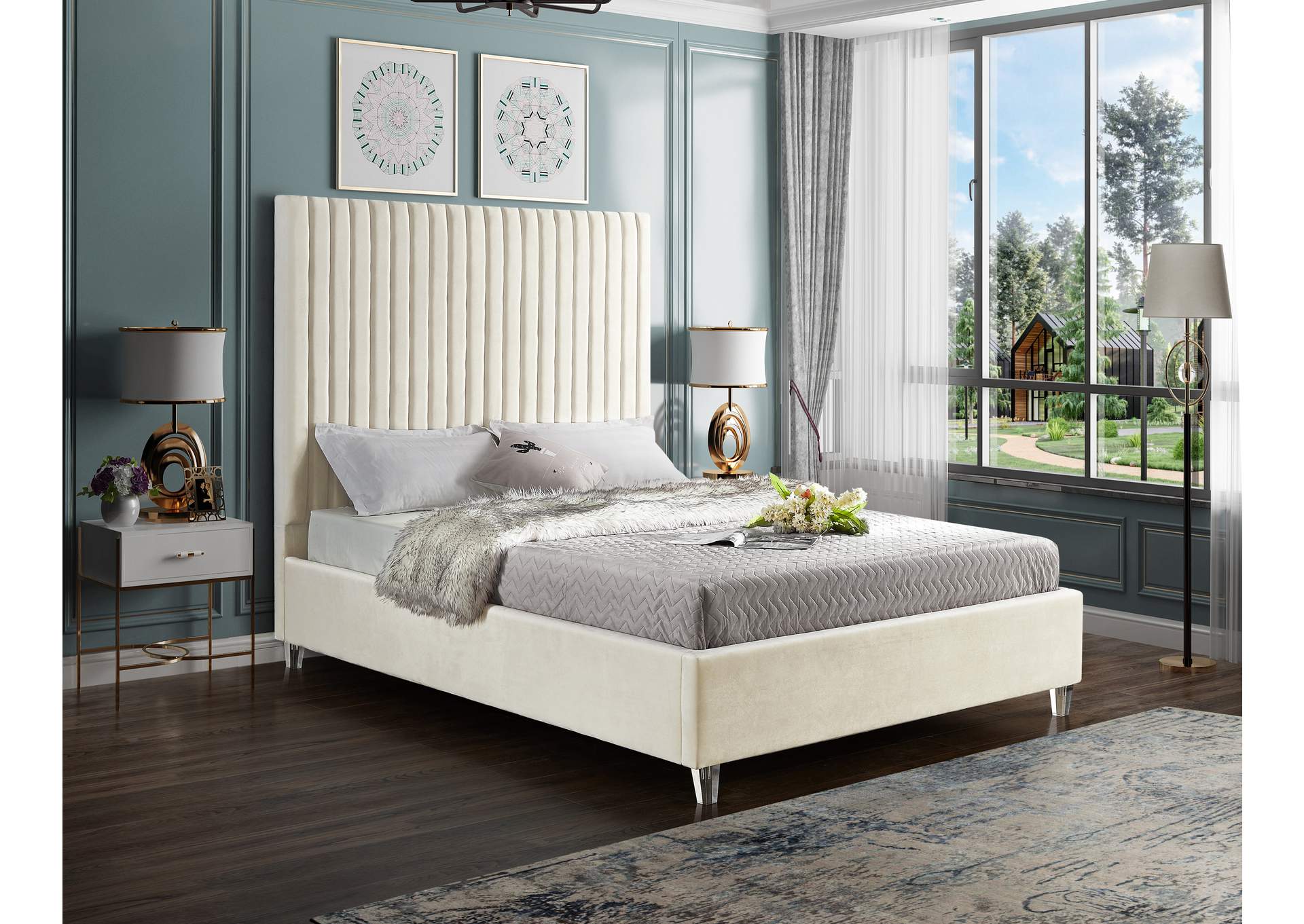 Candace Cream Velvet Full Bed,Meridian Furniture