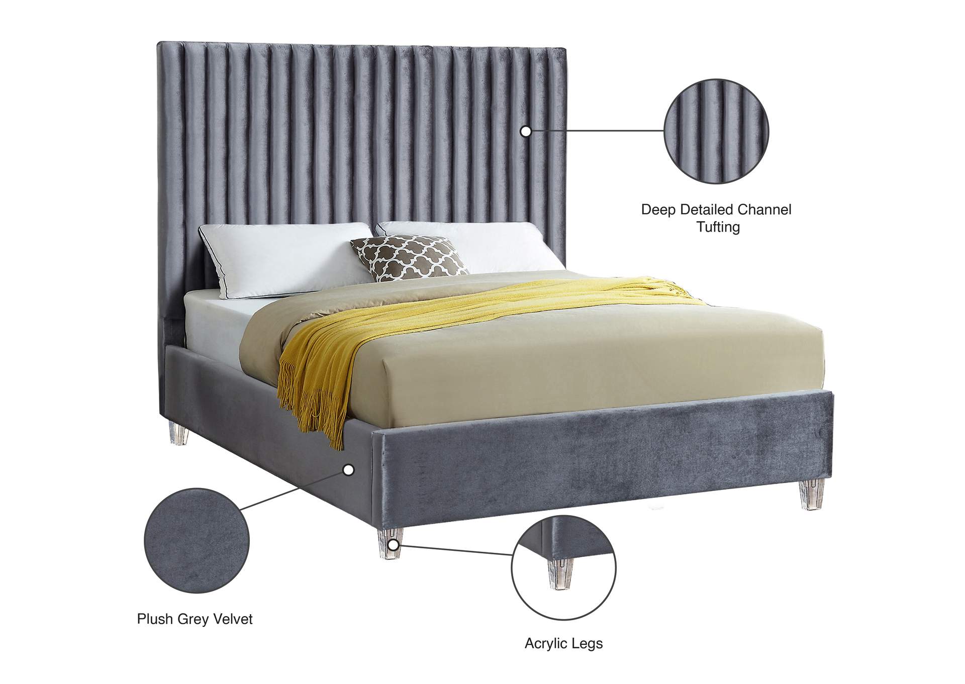 Candace Grey Velvet Queen Bed,Meridian Furniture