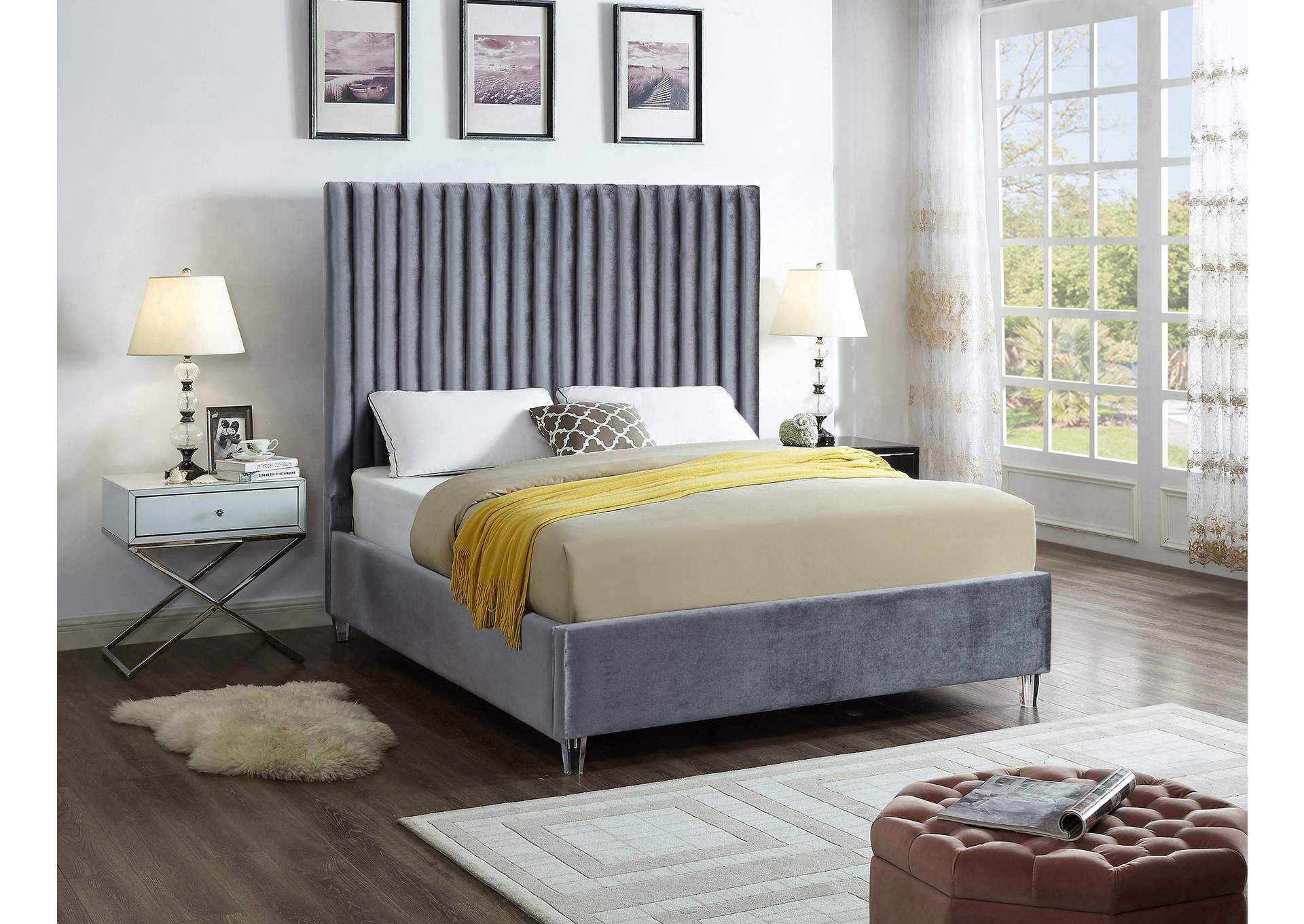 Candace Grey Velvet Queen Bed,Meridian Furniture