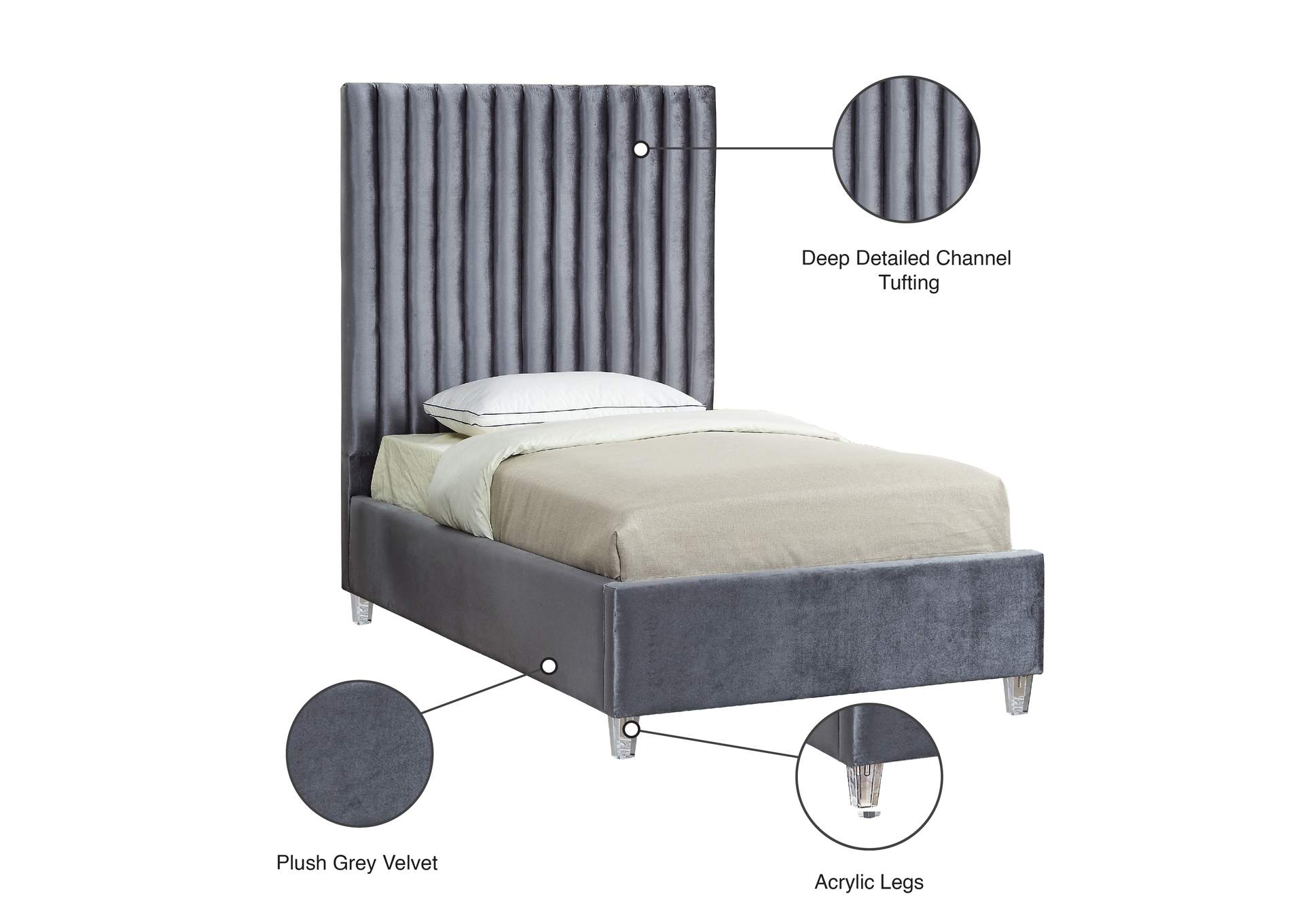 Candace Grey Velvet Twin Bed,Meridian Furniture