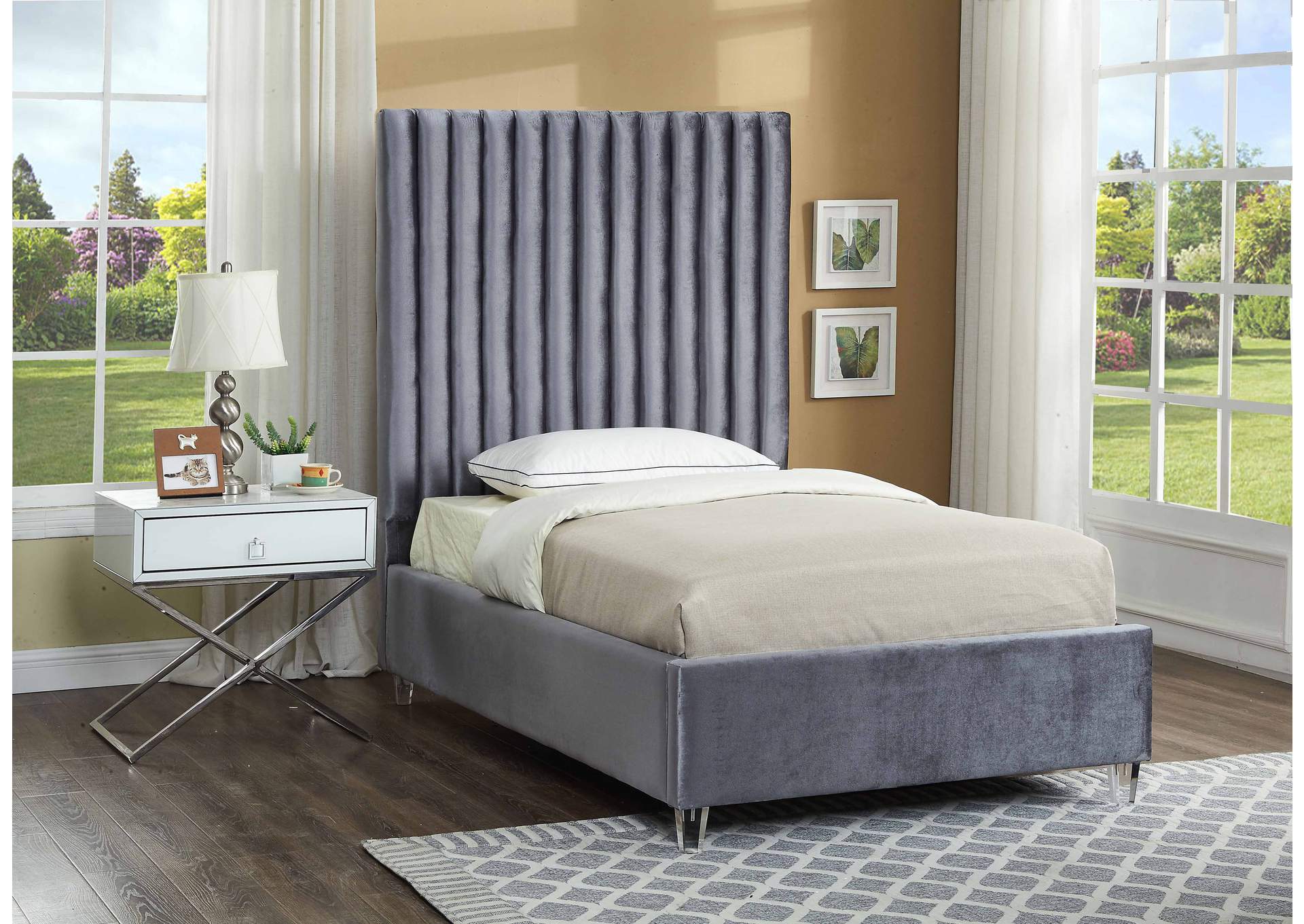 Candace Grey Velvet Twin Bed,Meridian Furniture